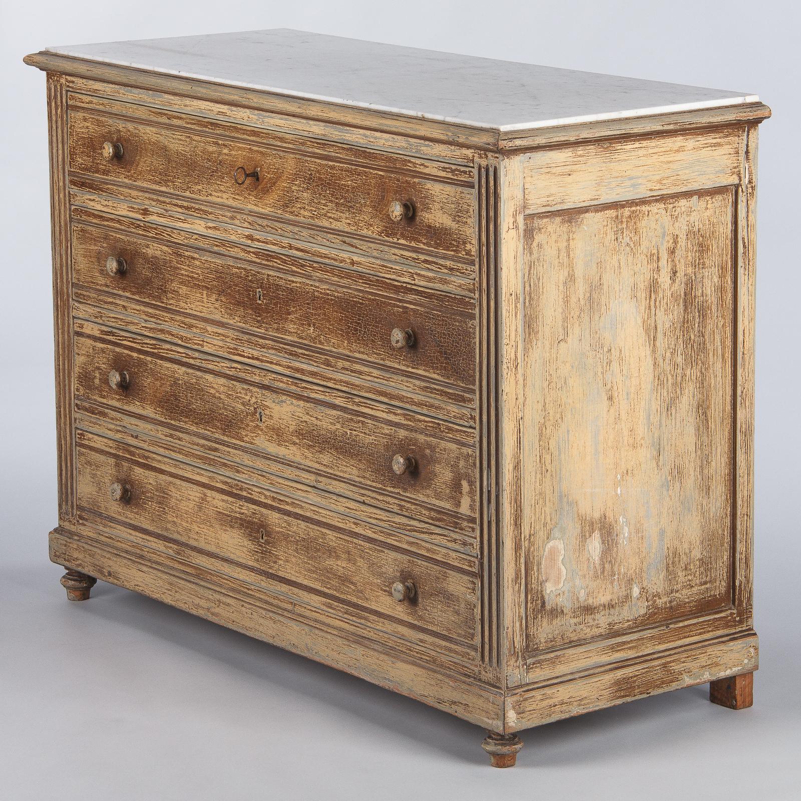 Pine French Louis XVI Style Painted Chest of Drawers with Marble Top, 1900s