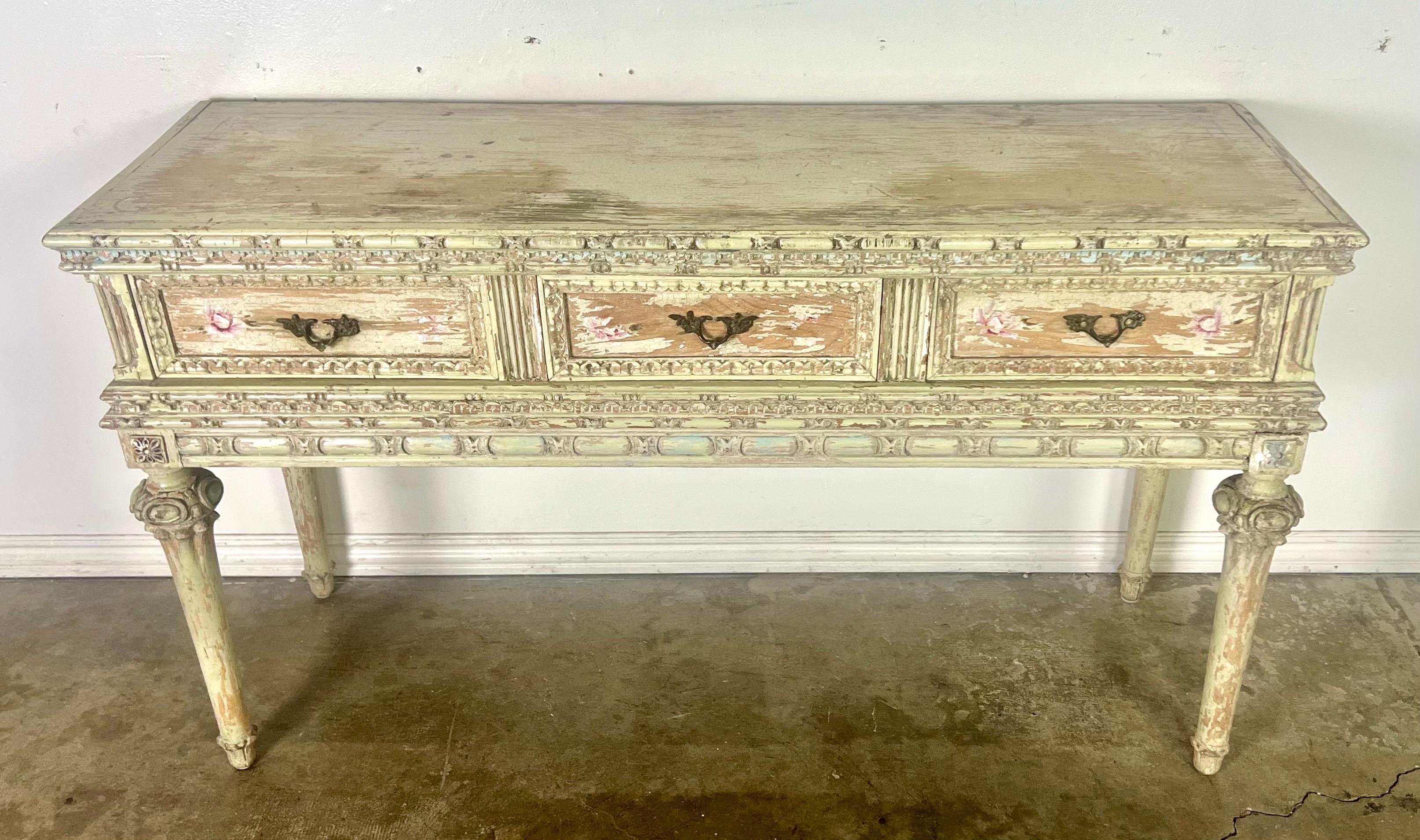 French Louis XVI Style Painted Console In Distressed Condition For Sale In Los Angeles, CA