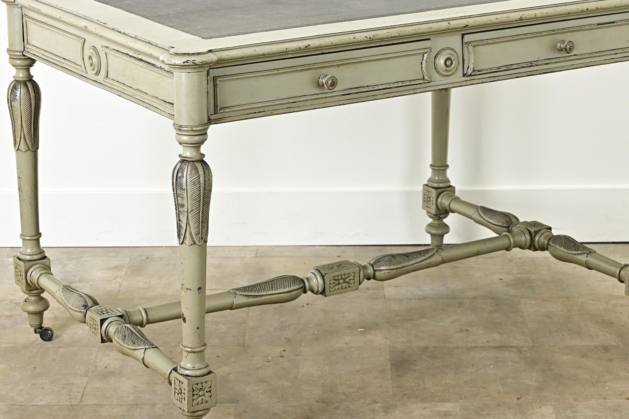 Faux Leather French Louis XVI Style Painted Desk For Sale