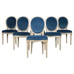 Antique French Louis XVI Style Painted Dining Chairs W/ Dark Blue Velvet - Set of 6