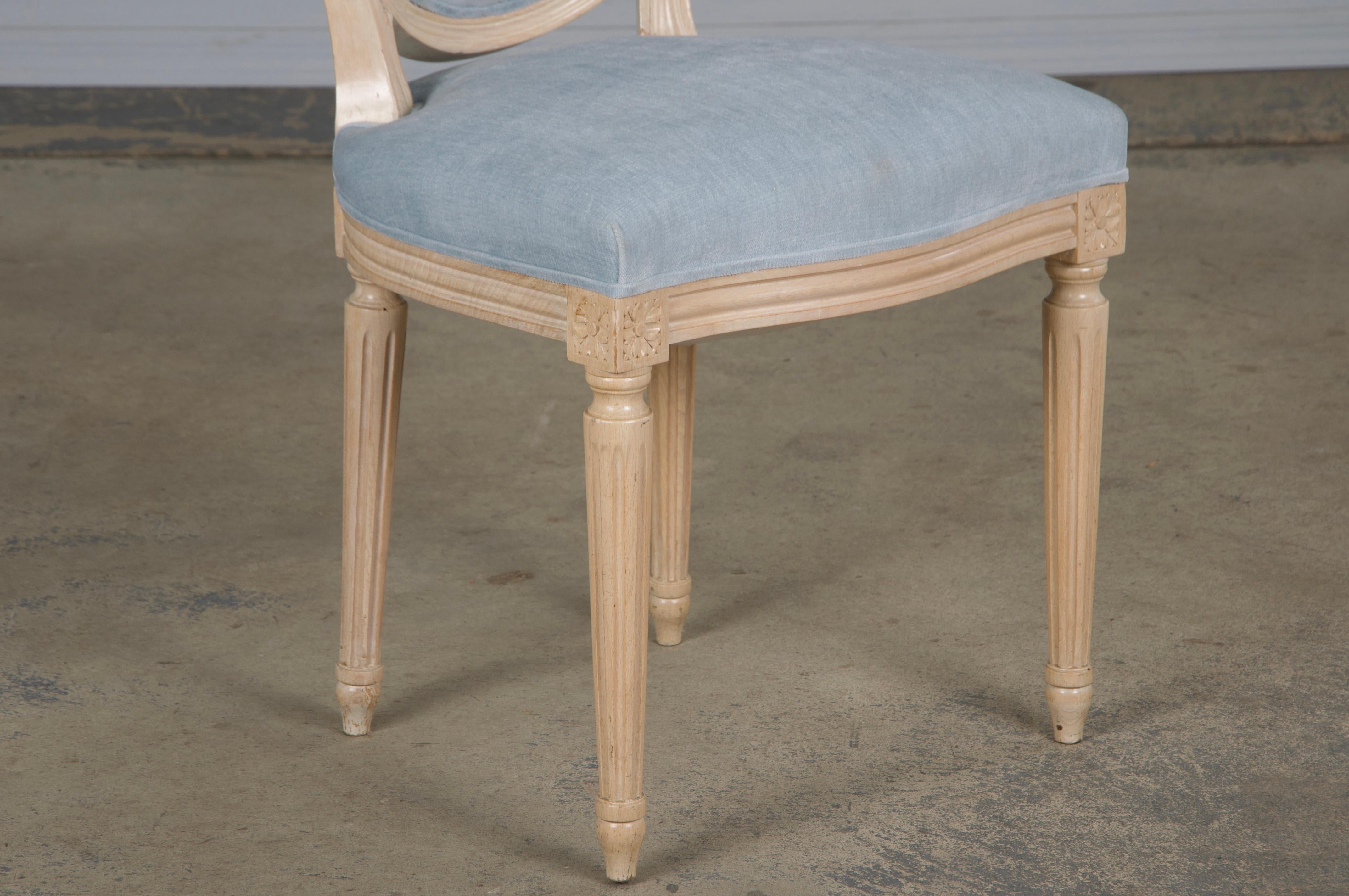 French Louis XVI Style Painted Dining Chairs W/ Light Blue Velvet - Set of 6 For Sale 6