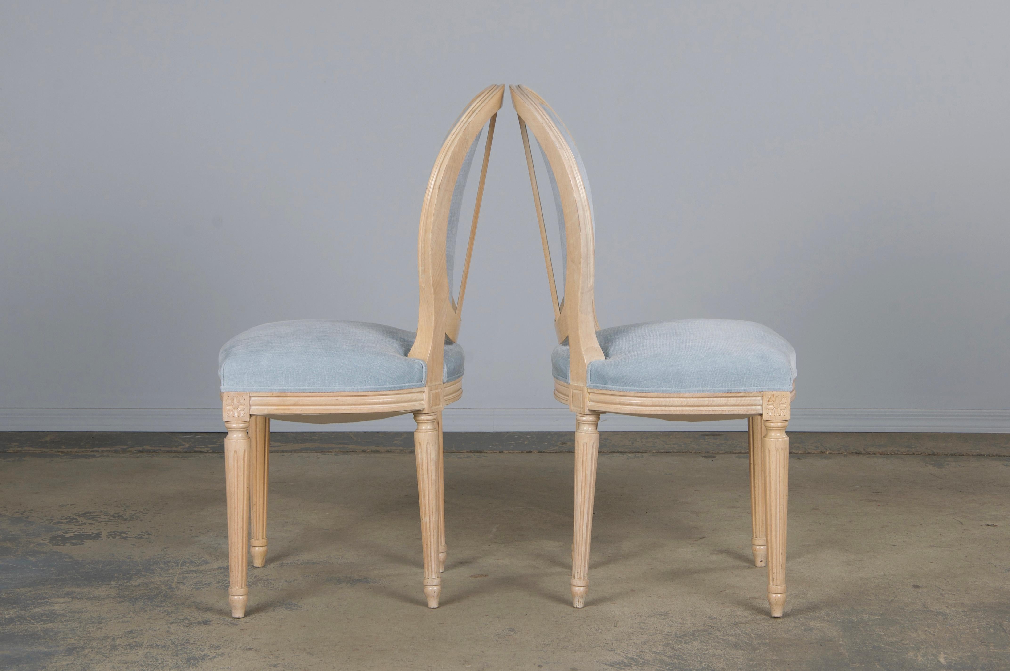 French Louis XVI Style Painted Dining Chairs W/ Light Blue Velvet - Set of 6 For Sale 8