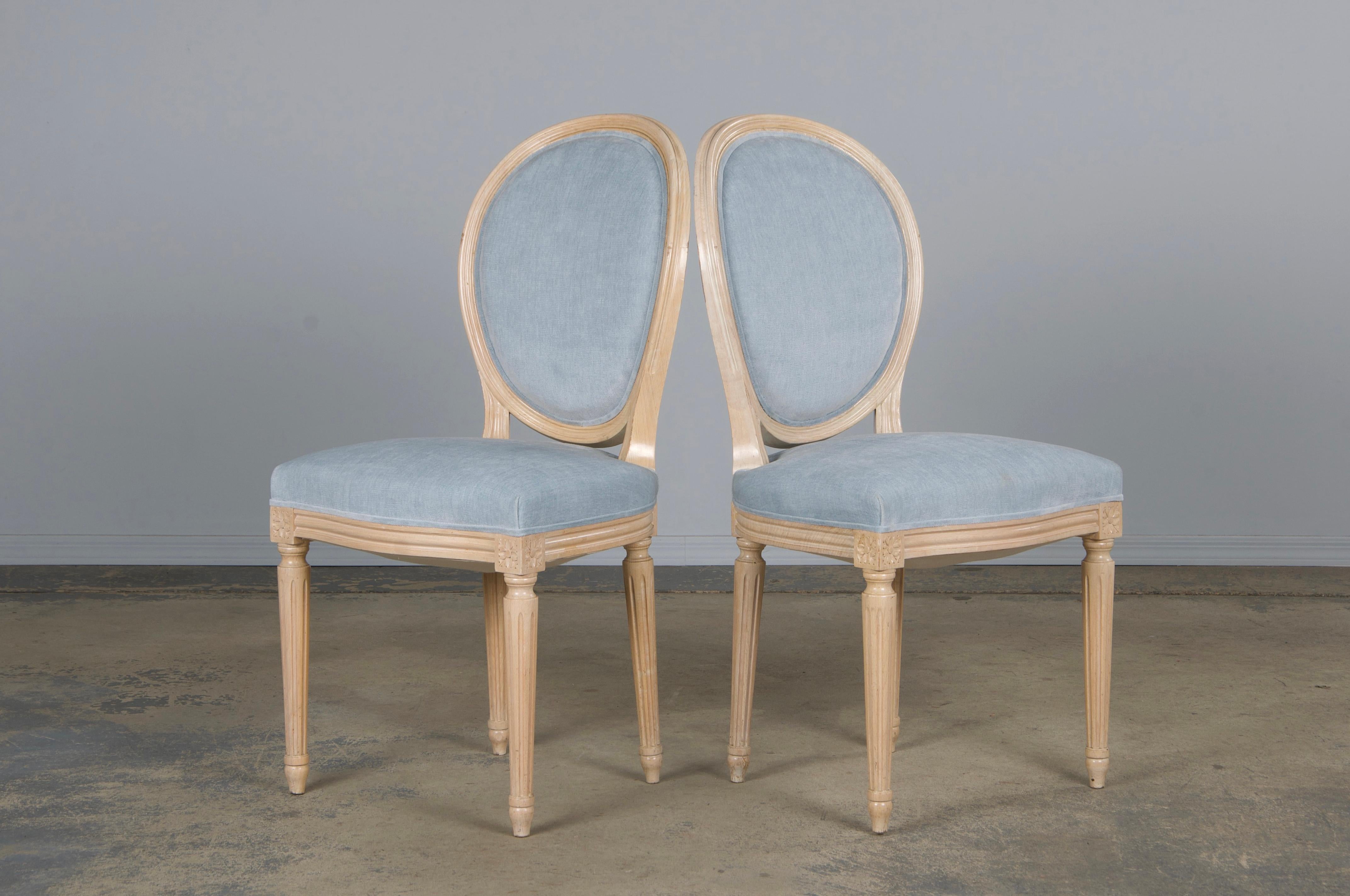 French Louis XVI Style Painted Dining Chairs W/ Light Blue Velvet - Set of 6 For Sale 9