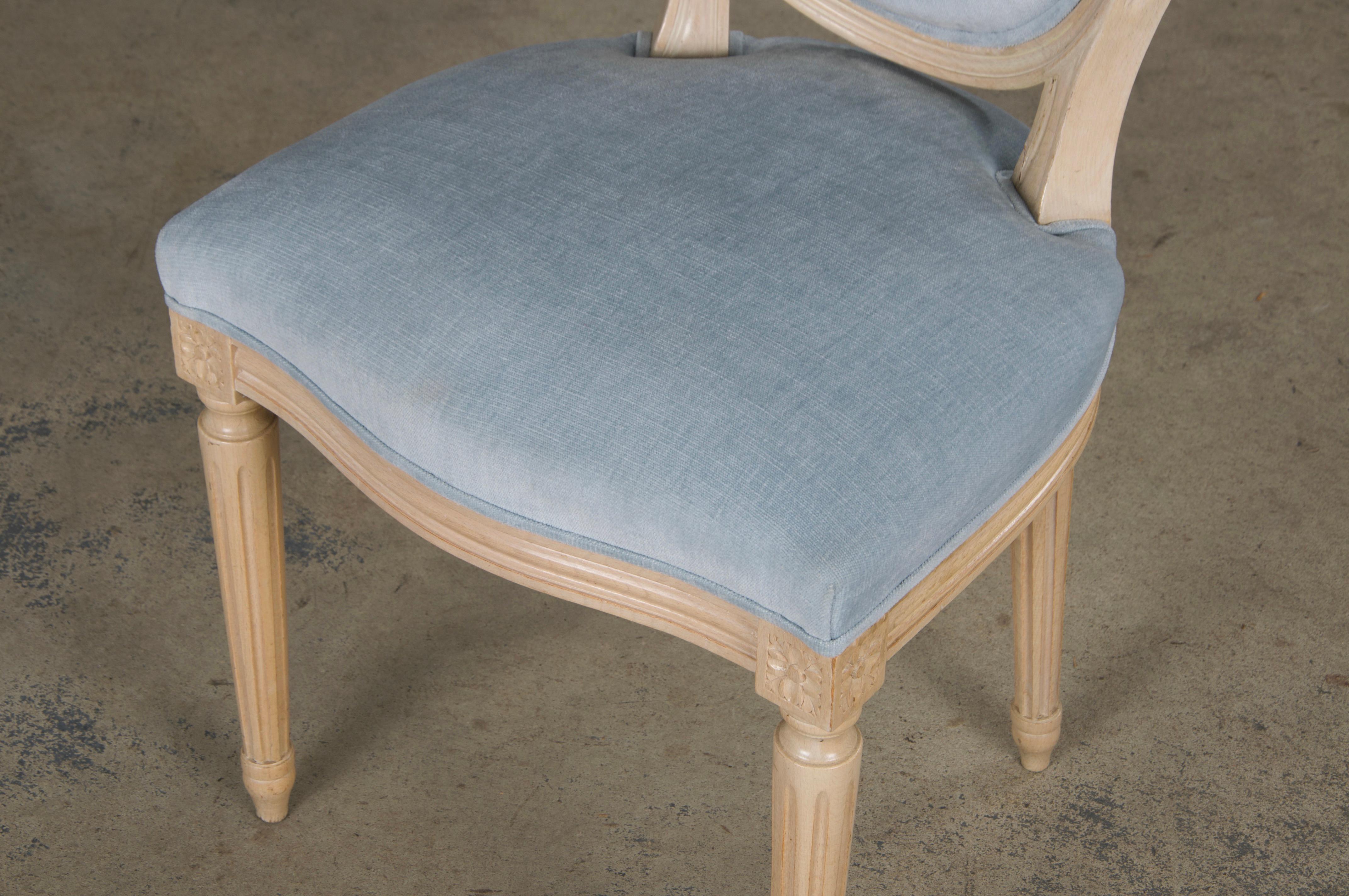 French Louis XVI Style Painted Dining Chairs W/ Light Blue Velvet - Set of 6 For Sale 11