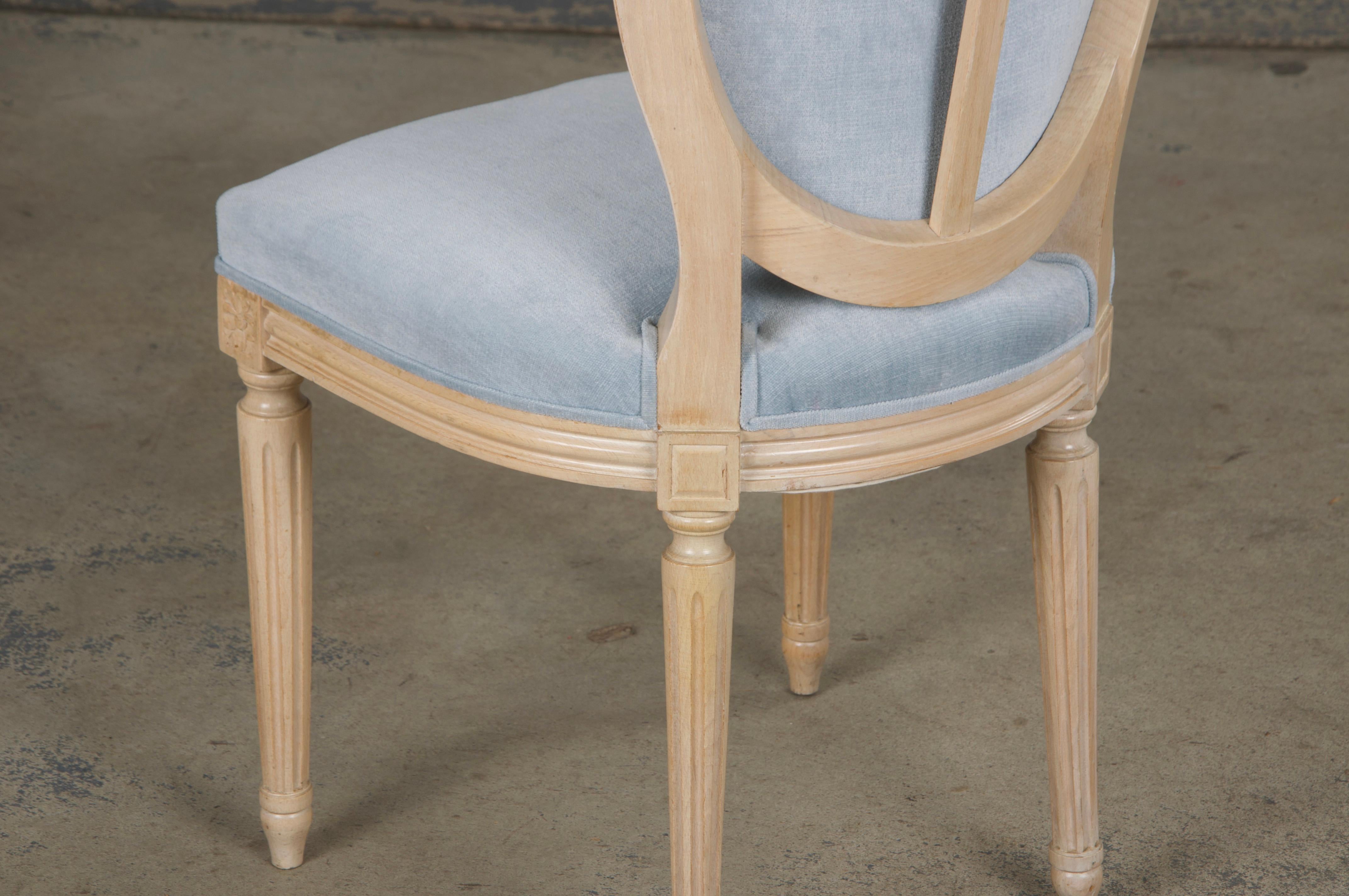 French Louis XVI Style Painted Dining Chairs W/ Light Blue Velvet - Set of 6 For Sale 13