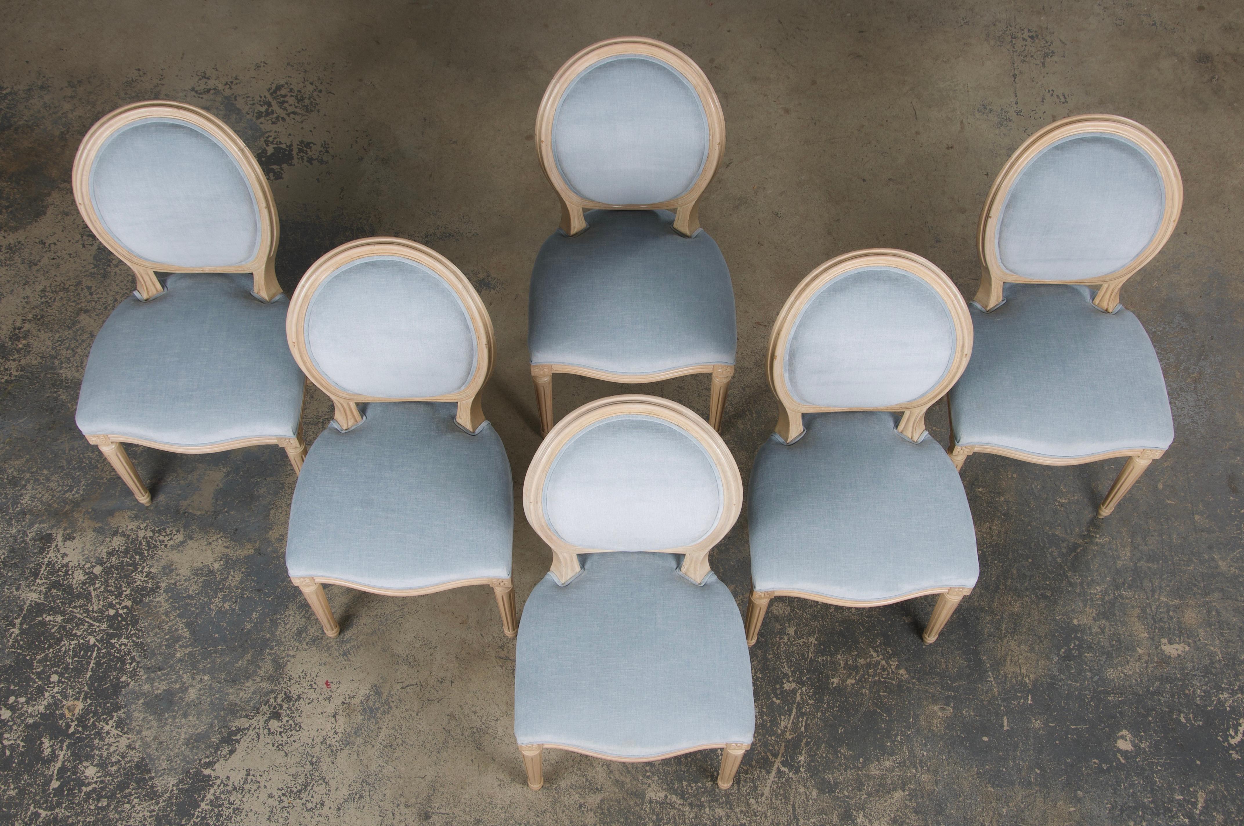 Hand-Carved French Louis XVI Style Painted Dining Chairs W/ Light Blue Velvet - Set of 6 For Sale