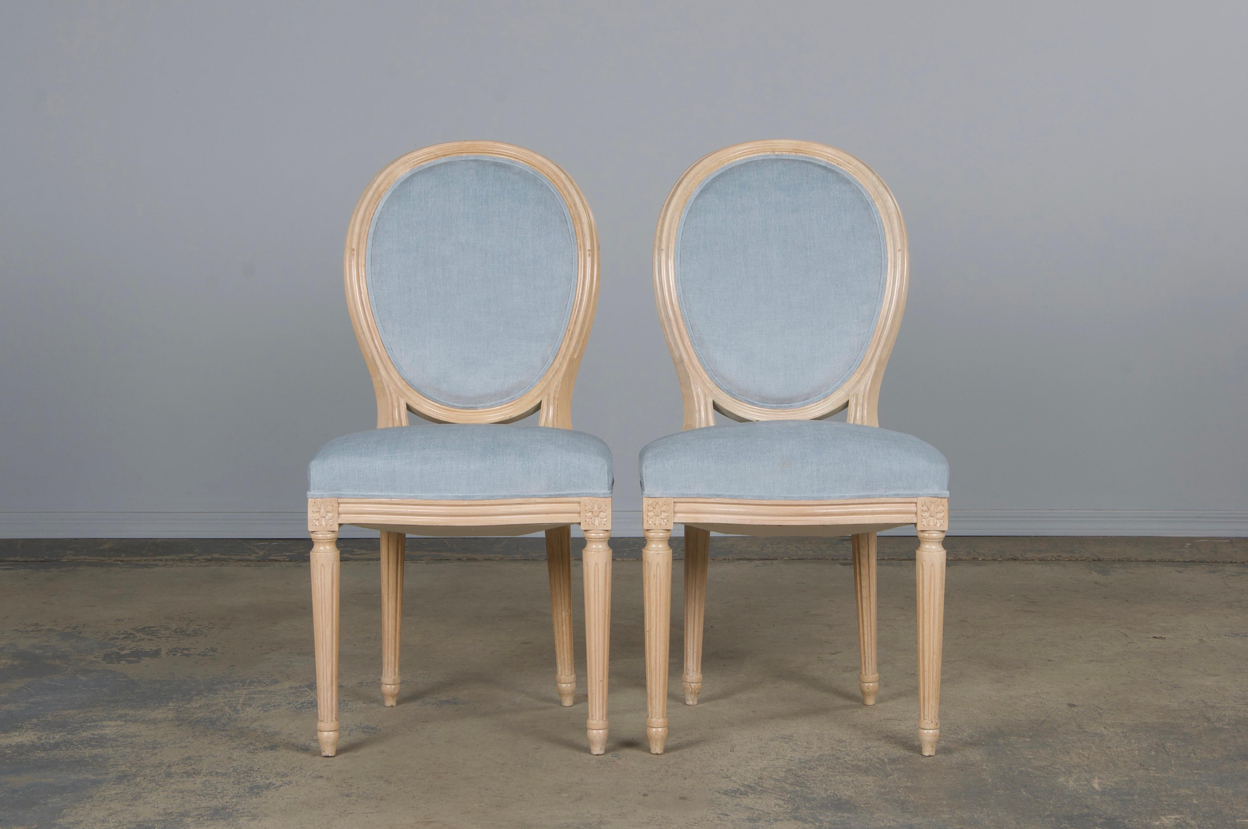20th Century French Louis XVI Style Painted Dining Chairs W/ Light Blue Velvet - Set of 6 For Sale