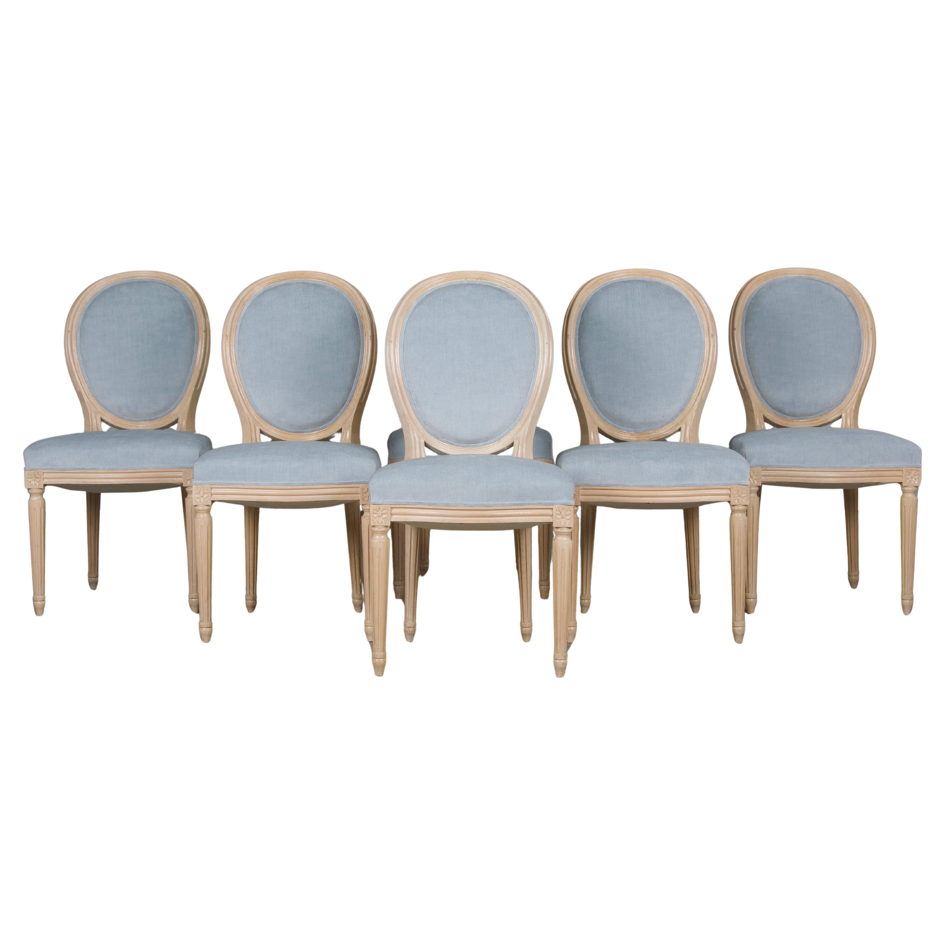 French Louis XVI Style Painted Dining Chairs W/ Light Blue Velvet - Set of 6 For Sale