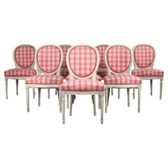 French Louis XVI Style Painted Dining Chairs W/ Pink Plaid Fabric - Set of 8