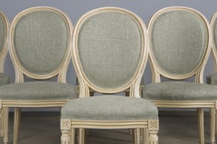 French Louis XVI Style Painted Dining Chairs W/ Sage Green Chenille - Set of 6