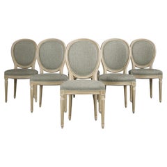 French Louis XVI Style Painted Dining Chairs W/ Sage Green Chenille - Set of 6