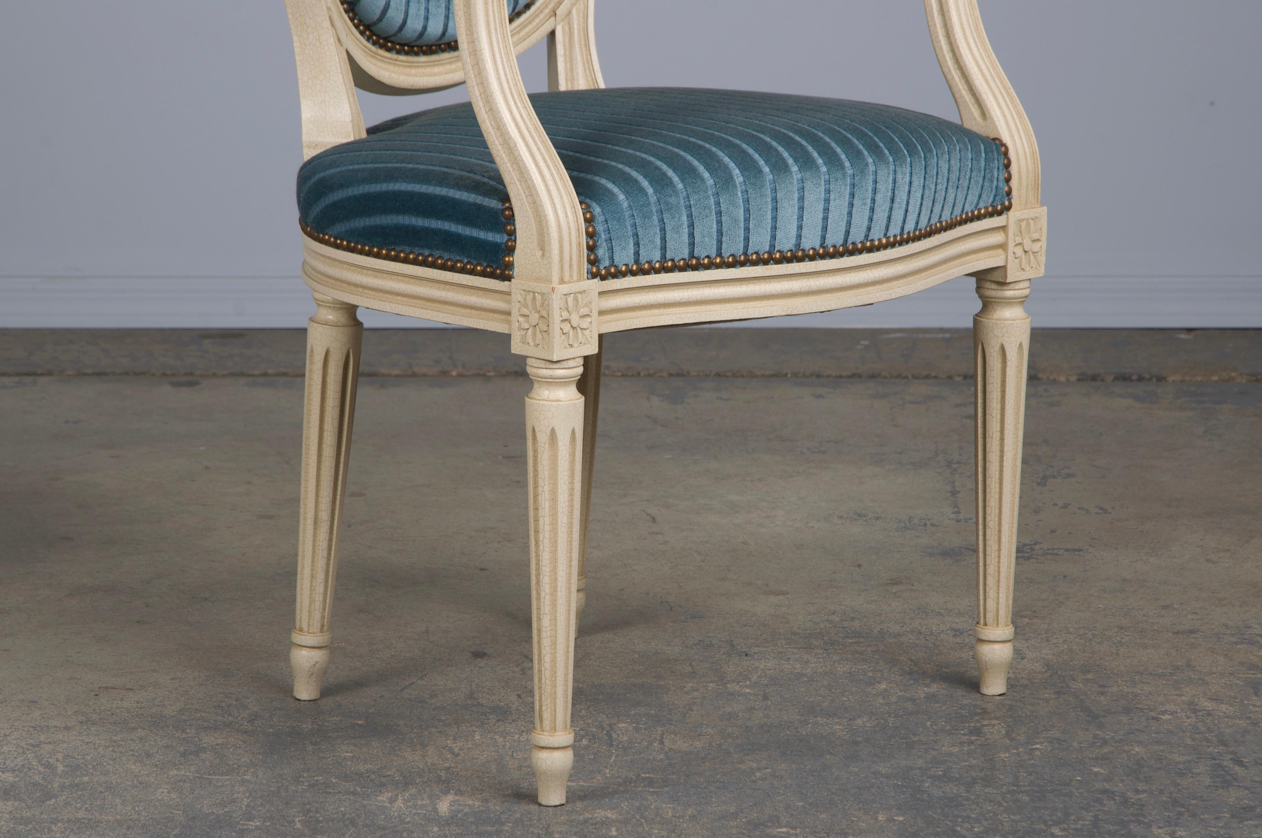 French Louis XVI Style Painted Dining Chairs W/ Striped Blue Velvet - Set of 8 For Sale 6