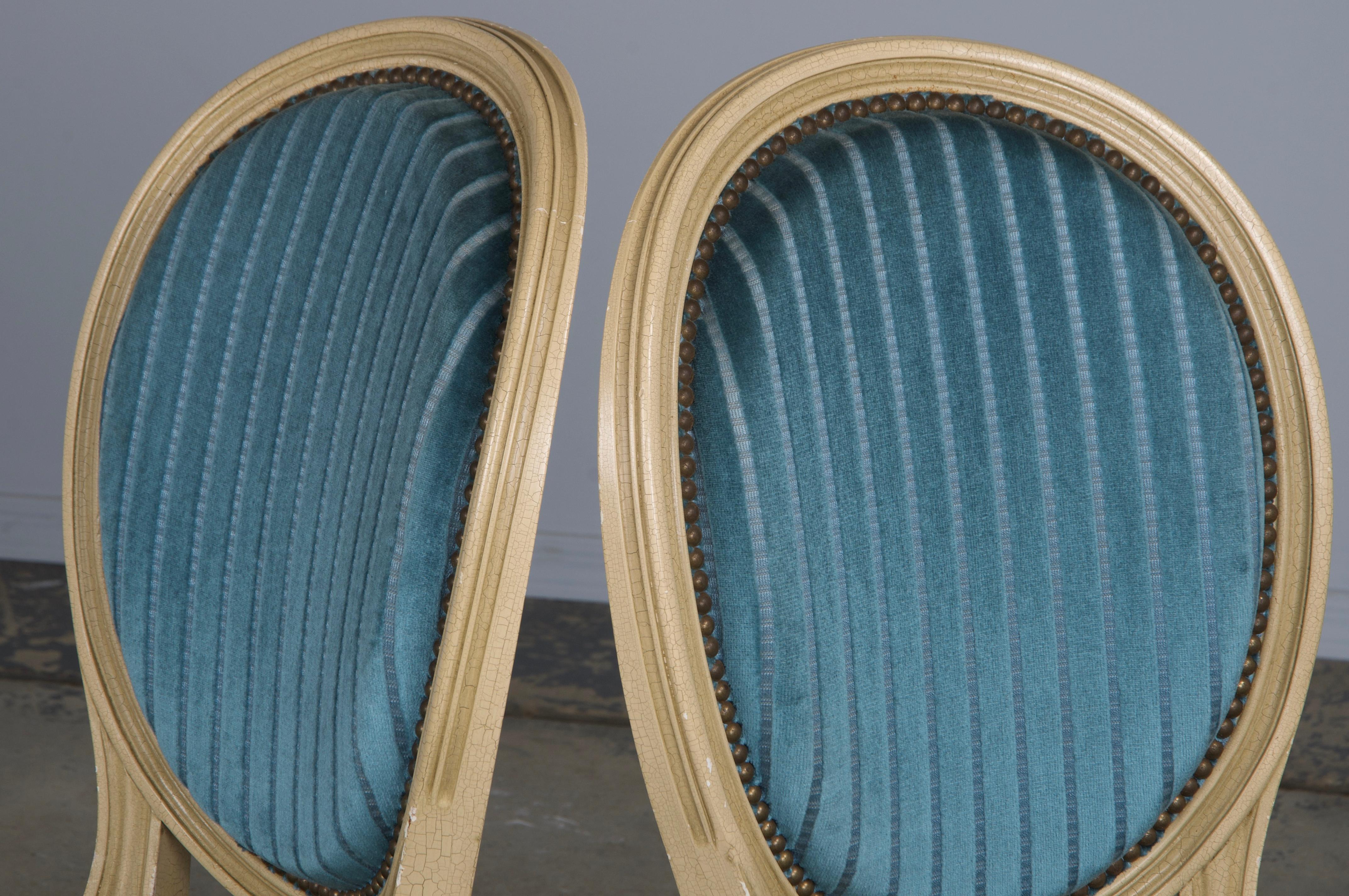 French Louis XVI Style Painted Dining Chairs W/ Striped Blue Velvet - Set of 8 For Sale 9