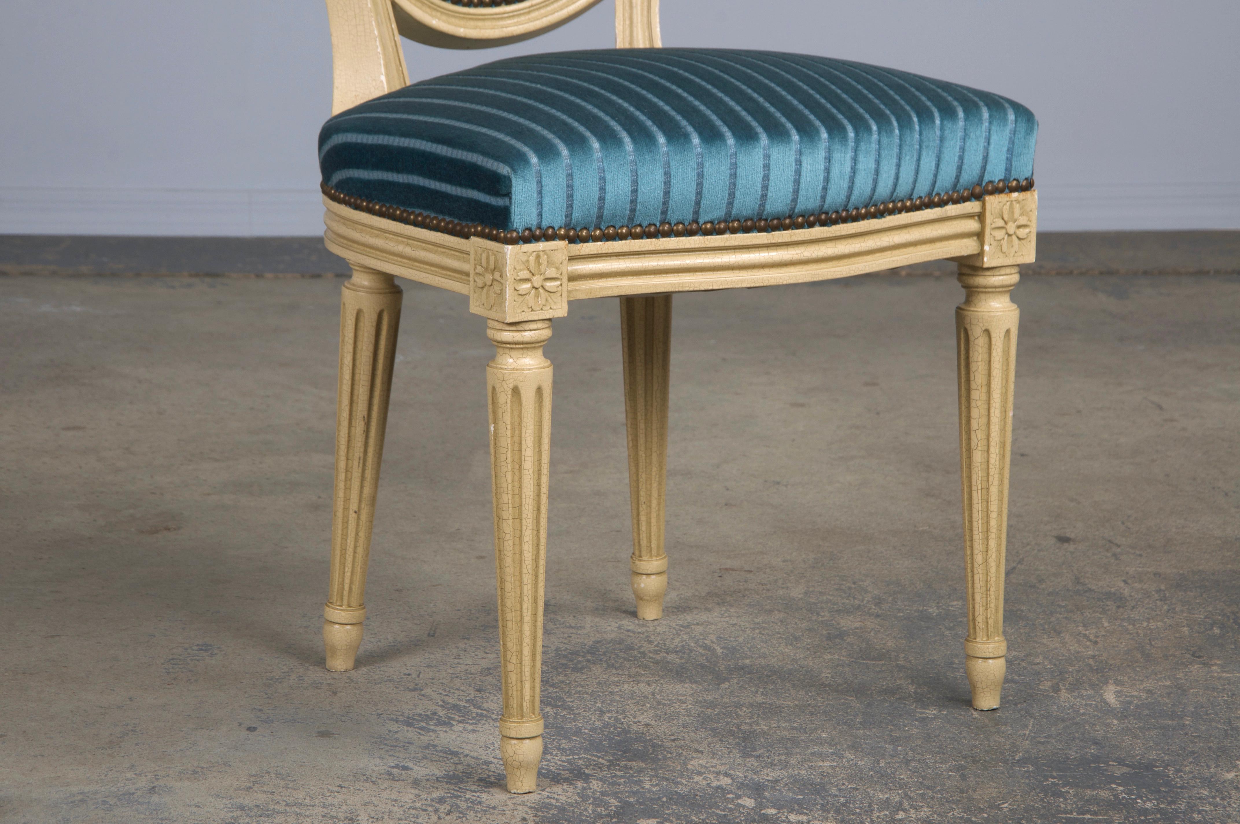 French Louis XVI Style Painted Dining Chairs W/ Striped Blue Velvet - Set of 8 For Sale 11