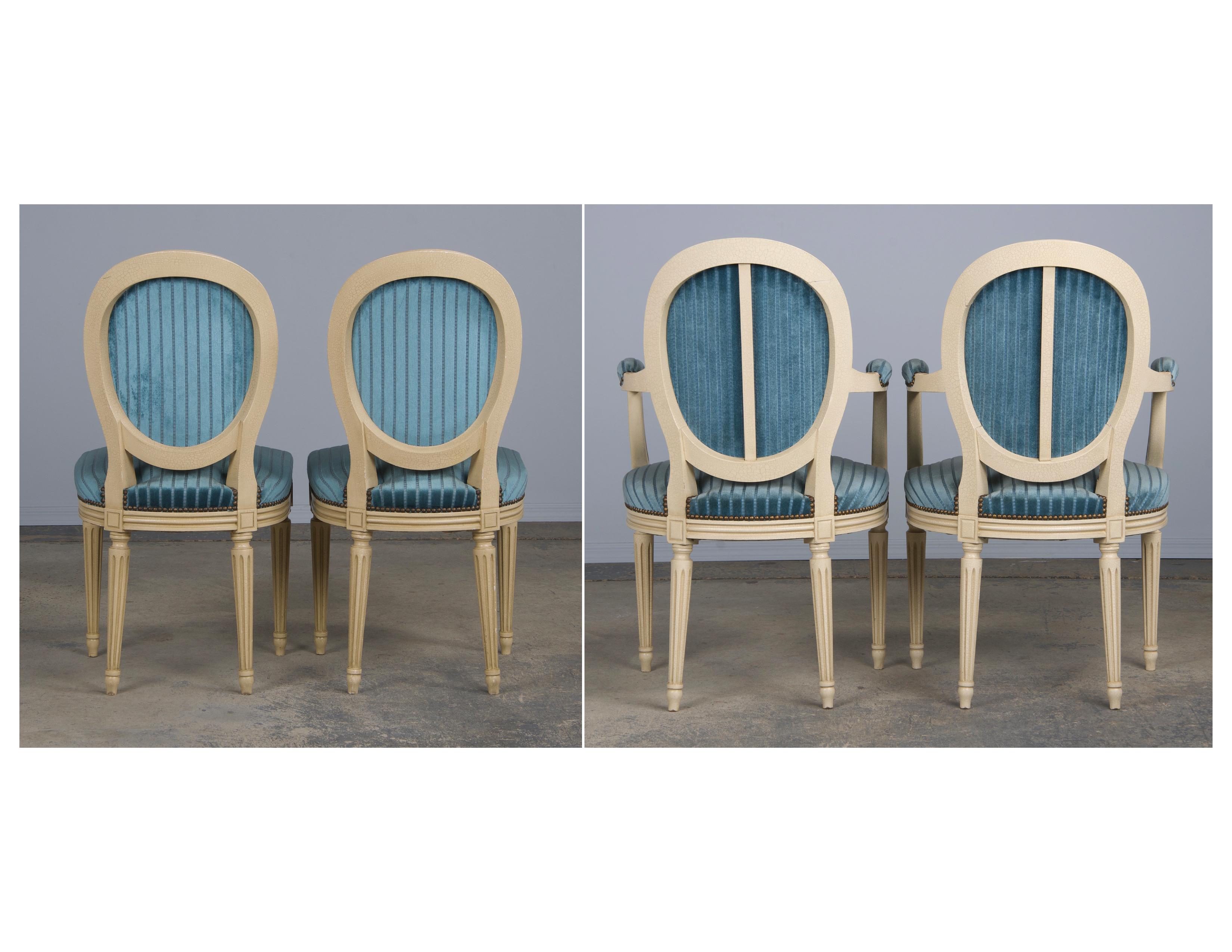 French Louis XVI Style Painted Dining Chairs W/ Striped Blue Velvet - Set of 8 For Sale 14
