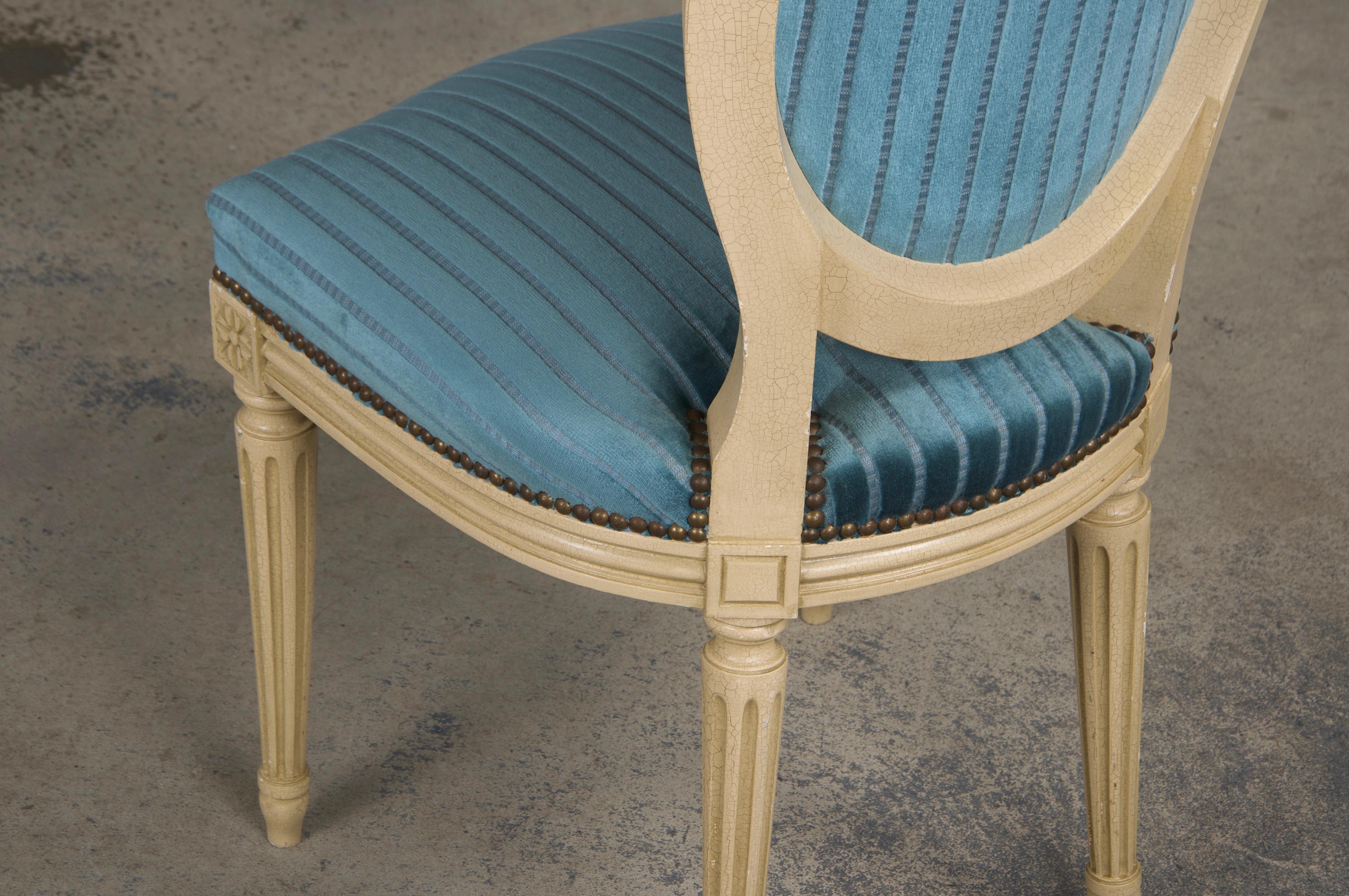 French Louis XVI Style Painted Dining Chairs W/ Striped Blue Velvet - Set of 8 For Sale 15