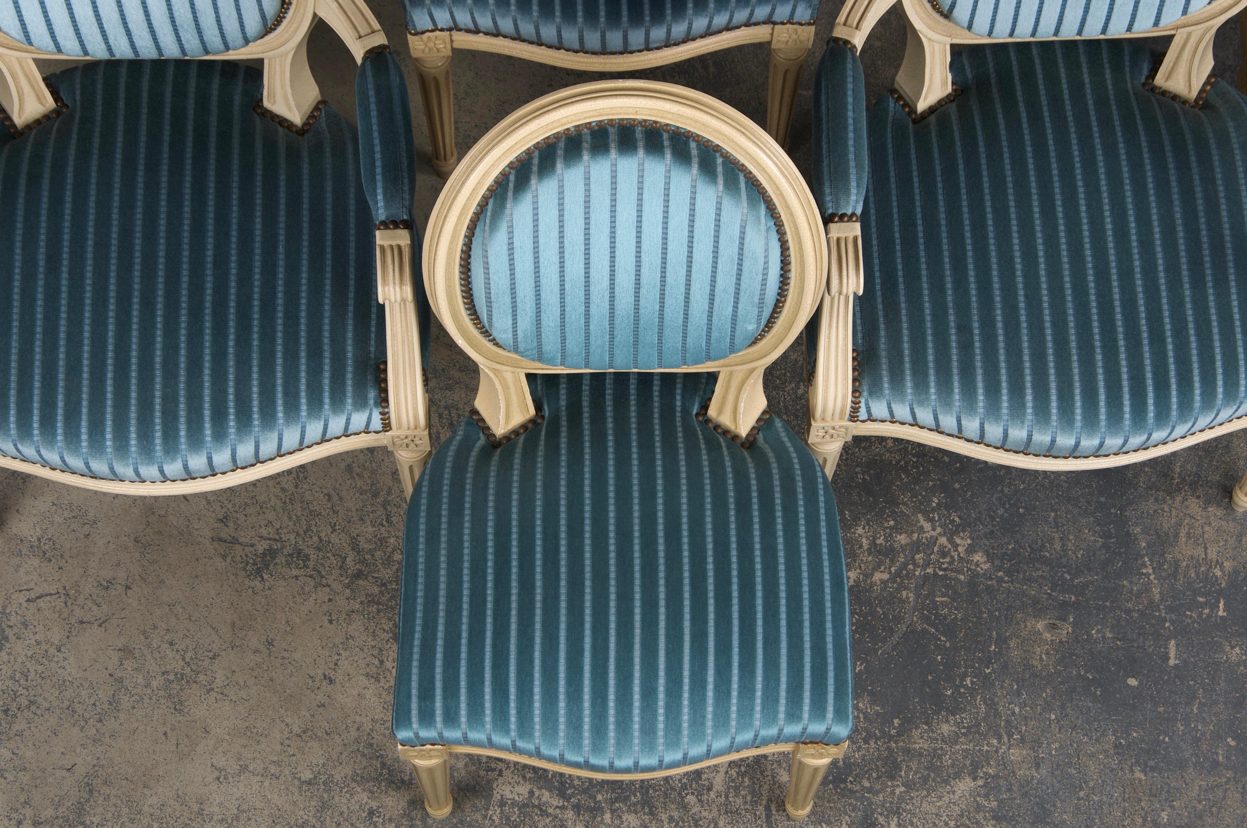 French Louis XVI Style Painted Dining Chairs W/ Striped Blue Velvet - Set of 8 In Good Condition For Sale In Astoria, NY
