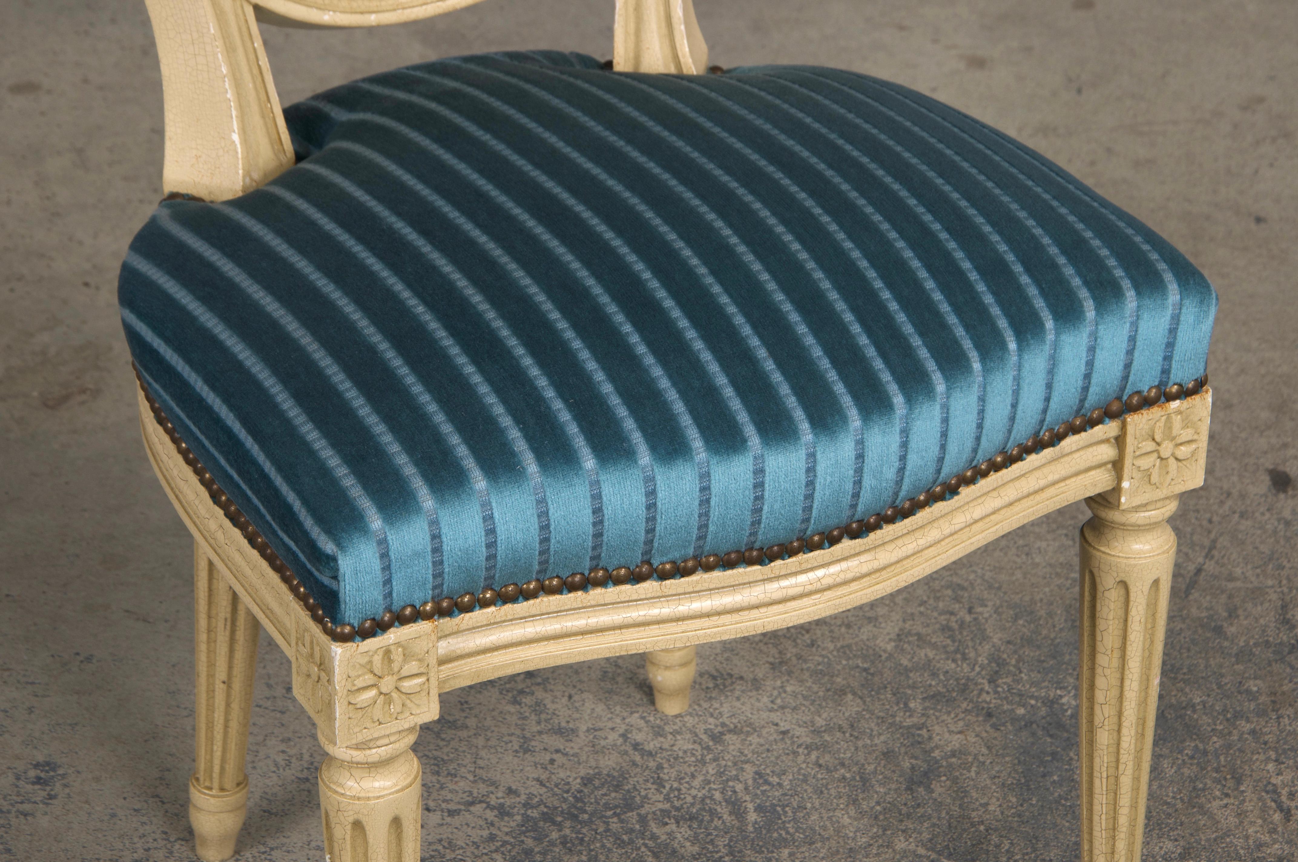 French Louis XVI Style Painted Dining Chairs W/ Striped Blue Velvet - Set of 8 For Sale 4