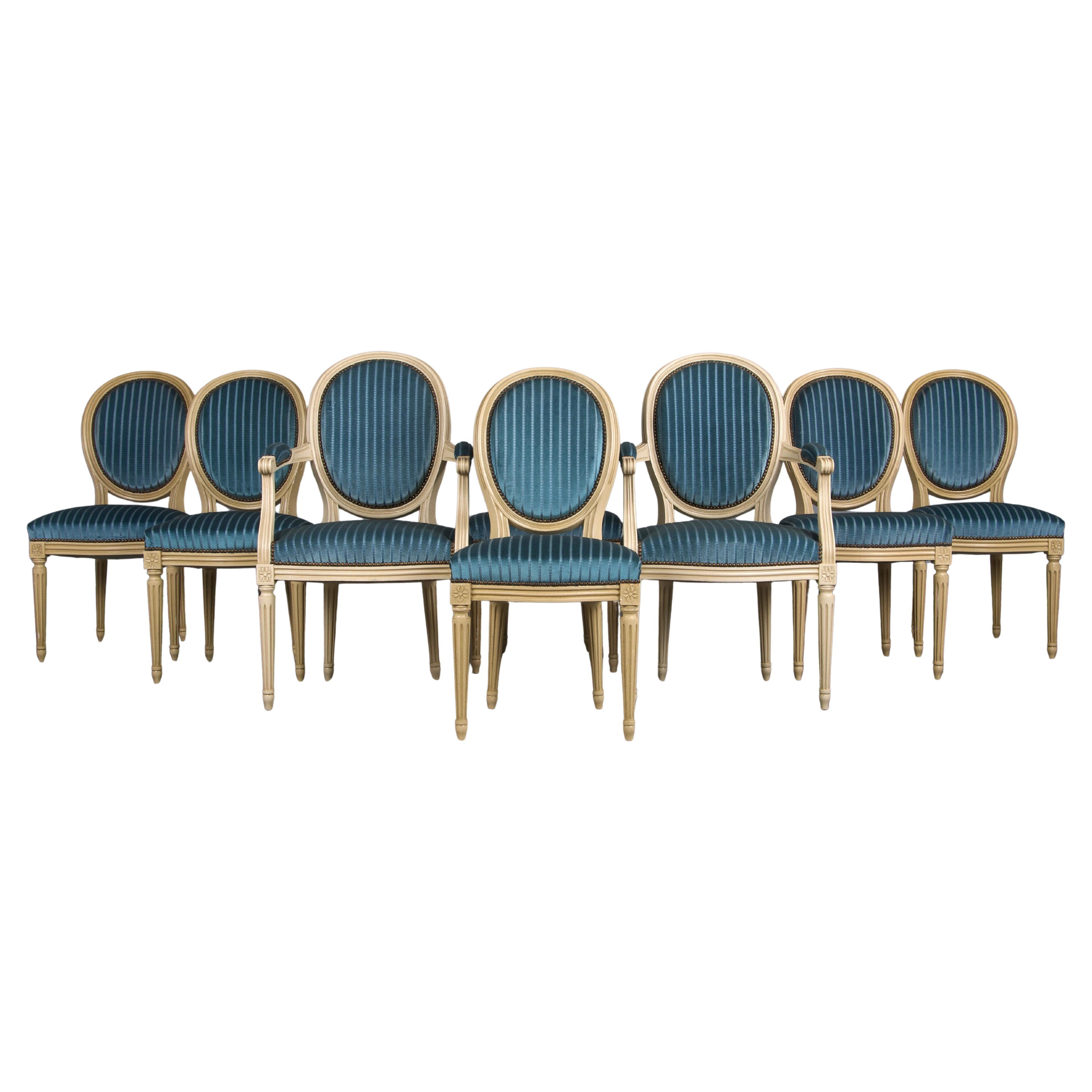 French Louis XVI Style Painted Dining Chairs W/ Striped Blue Velvet - Set of 8