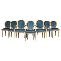 Antique French Louis XVI Style Painted Dining Chairs W/ Striped Blue Velvet - Set of 8
