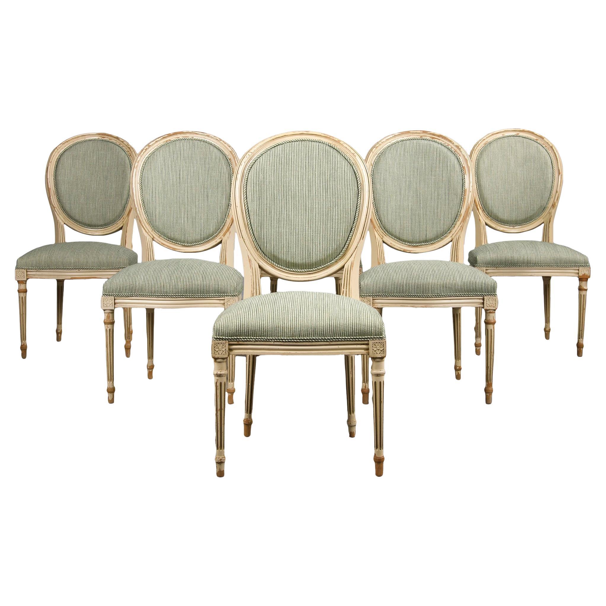 French Louis XVI Style Painted Dining Chairs W/ Striped Green Chenille- Set of 6