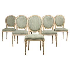 French Louis XVI Style Painted Dining Chairs W/ Striped Green Chenille- Set of 6
