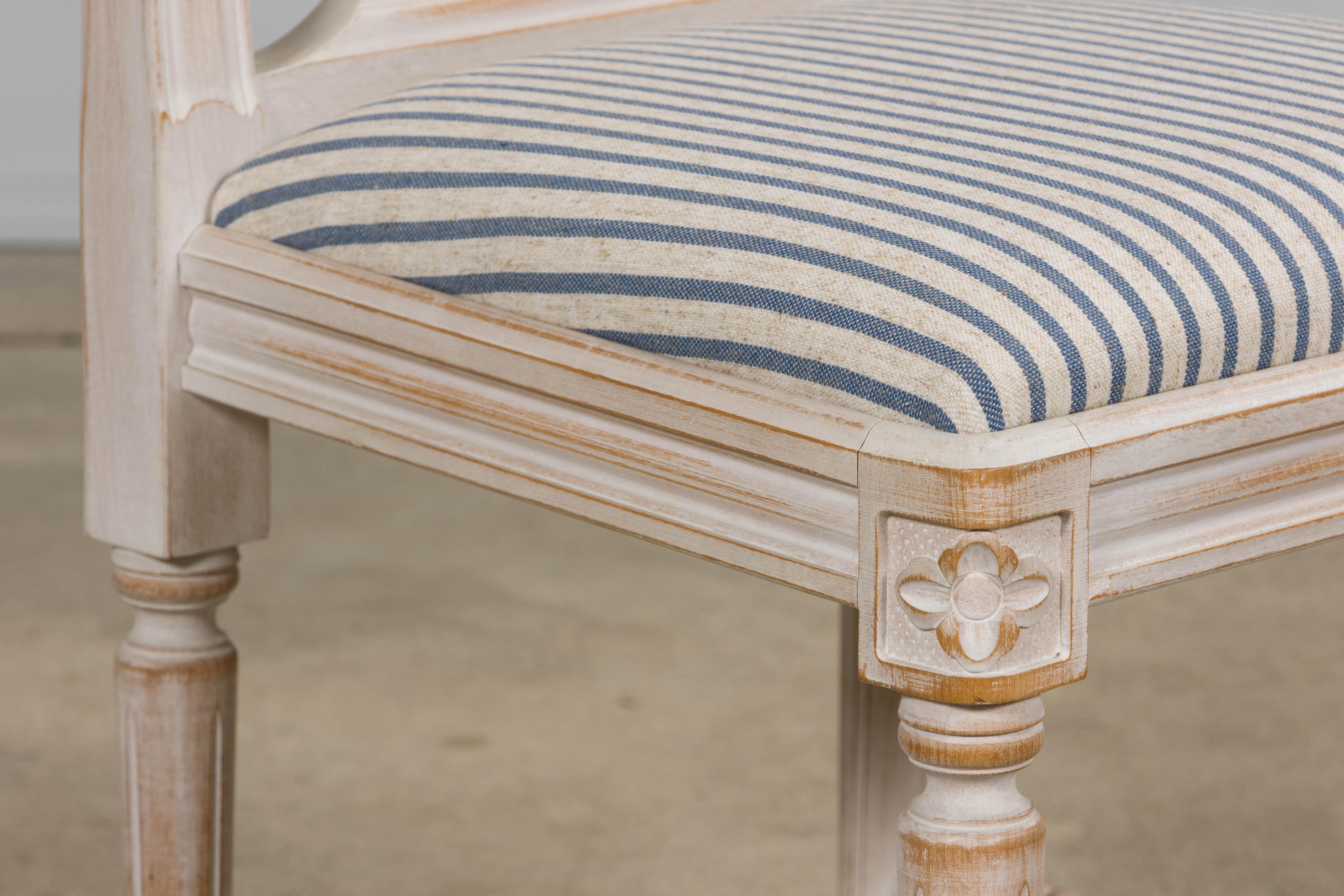 French Louis XVI Style Painted Dining Chairs W/ Striped Linen - Set of 6 en vente 6