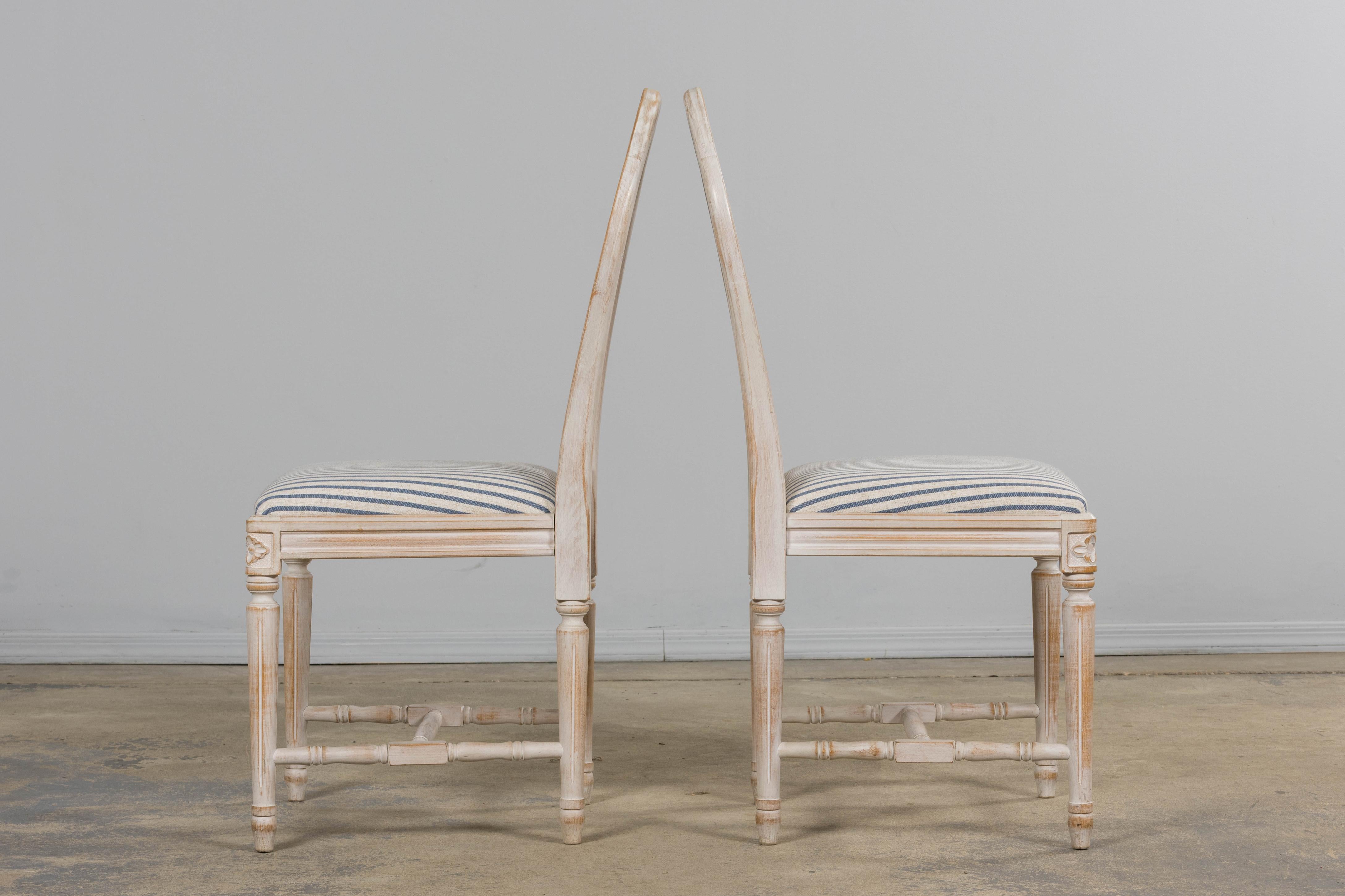 French Louis XVI Style Painted Dining Chairs W/ Striped Linen - Set of 6 en vente 8
