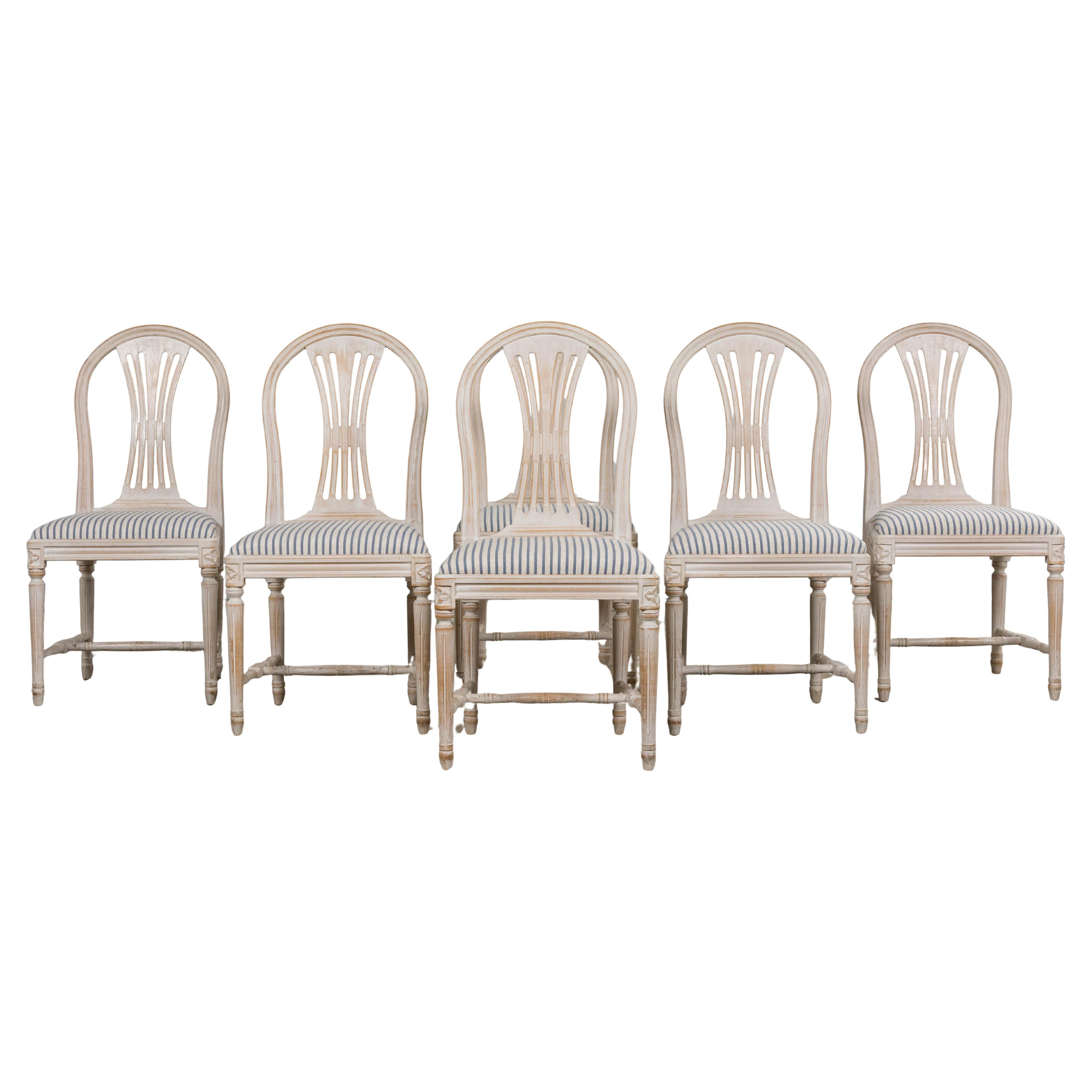 French Louis XVI Style Painted Dining Chairs W/ Striped Linen - Set of 6 en vente