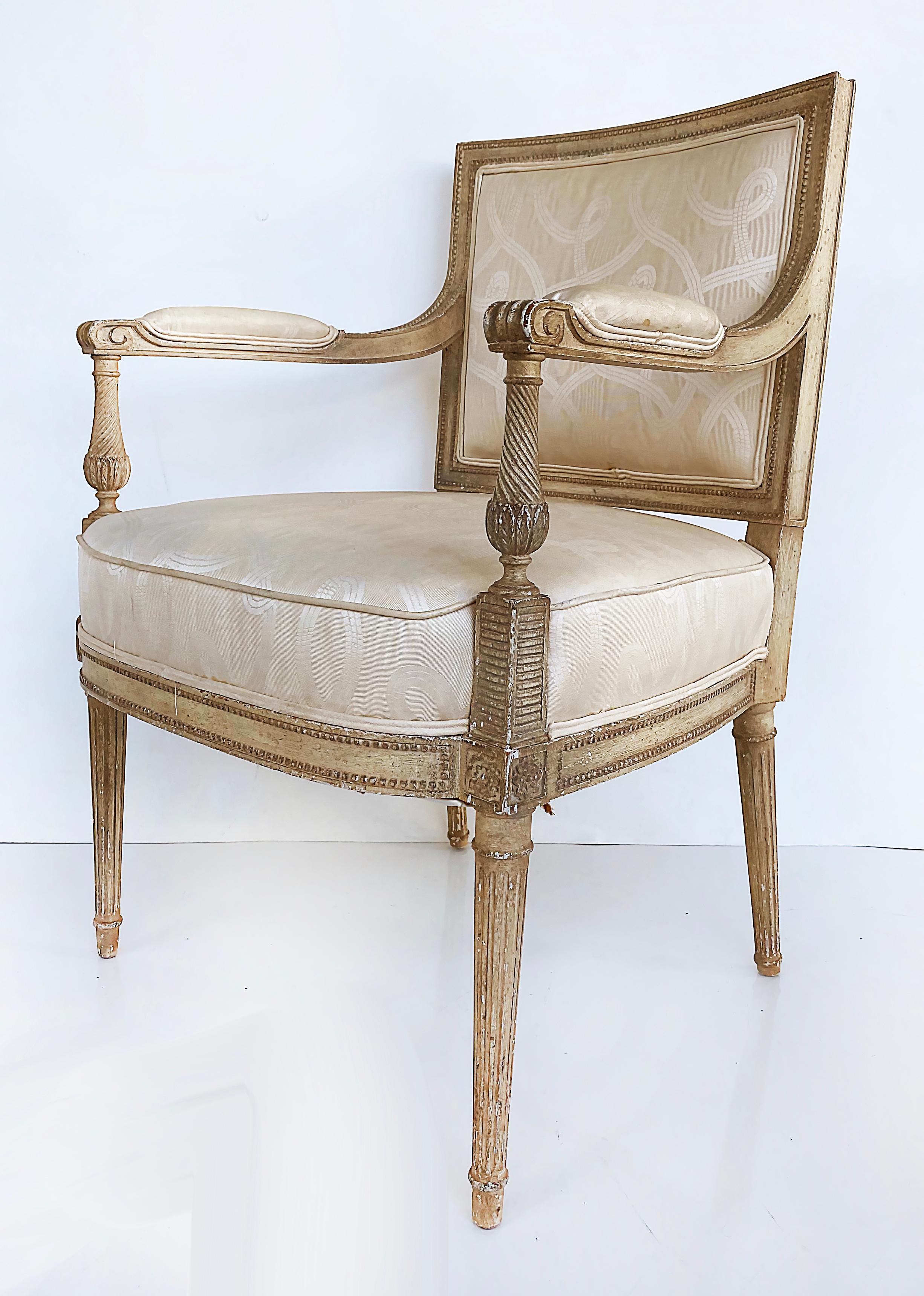 French Louis XVI Style Painted Fauteuil Armchairs, Late 19th Century -Early 20th

Offered for sale is a pair of French Louis XVI style painted fauteuil armchairs. The chairs are either late 19th-century or early 20th century. The are beautifully