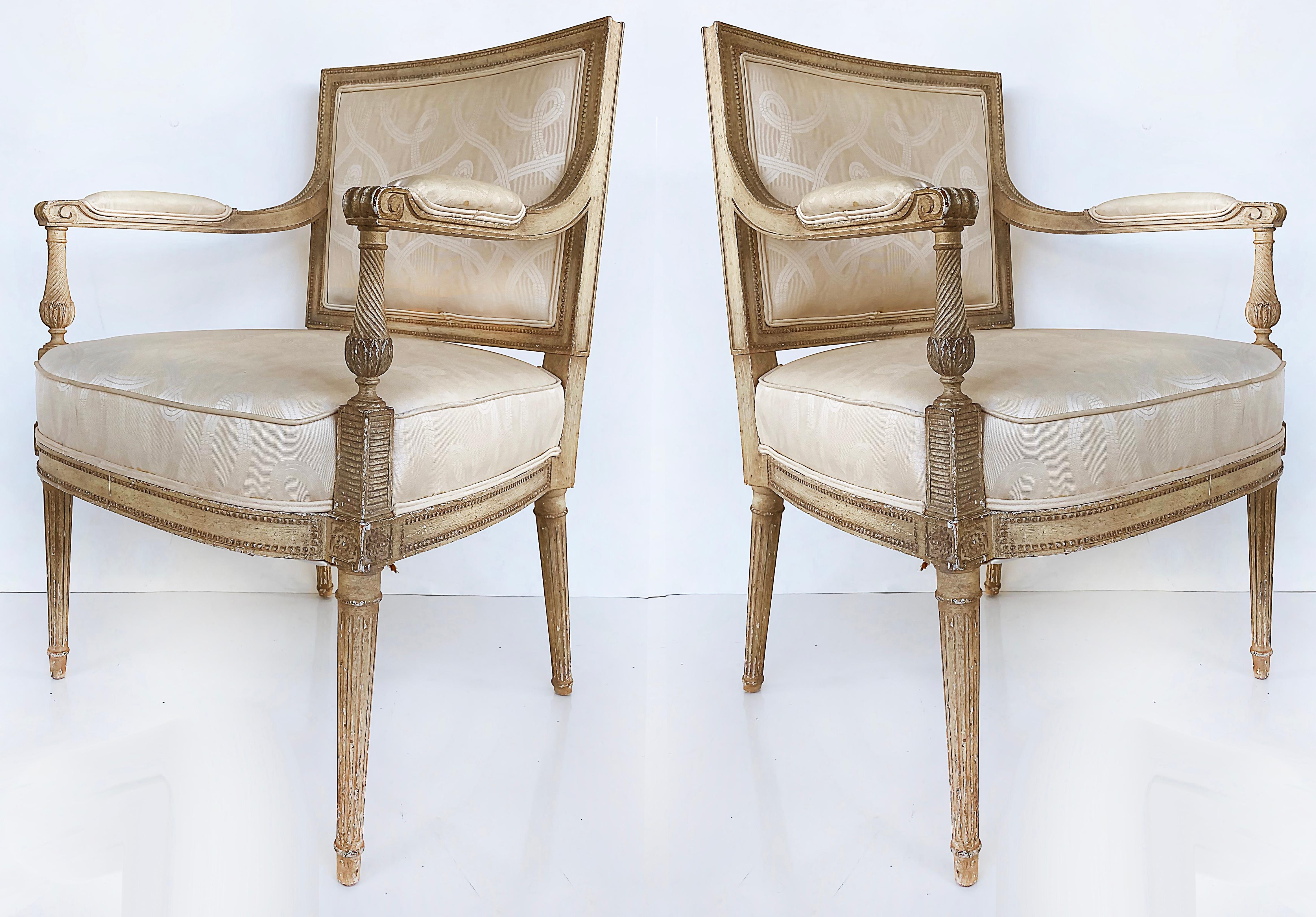 European French Louis XVI Style Painted Fauteuil Armchairs, Late 19th Century -Early 20th For Sale