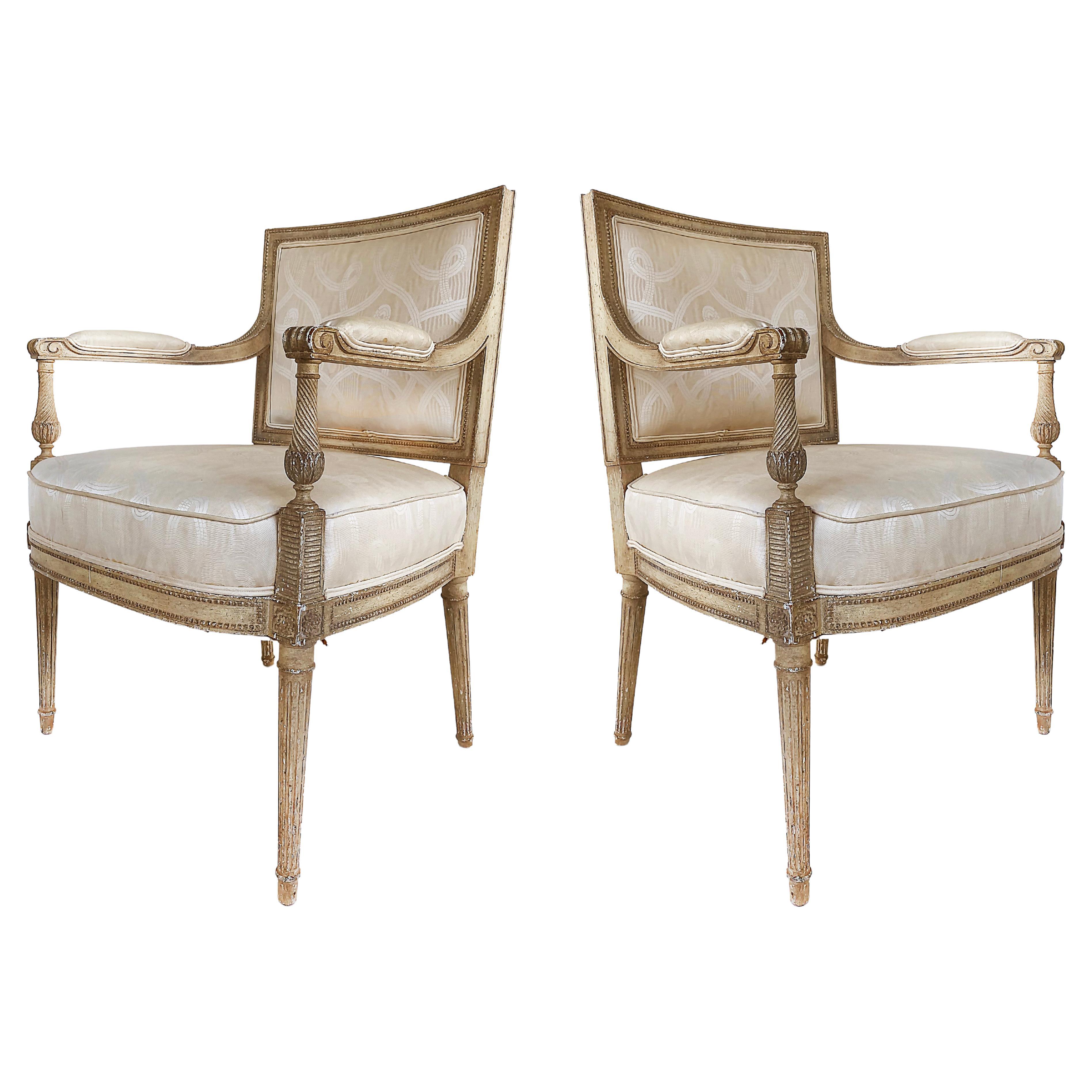 French Louis XVI Style Painted Fauteuil Armchairs, Late 19th Century -Early 20th For Sale