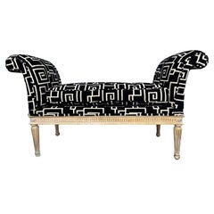 French Louis XVI Style Painted Giltwood Window Bench Scroll Arms Black Fabric