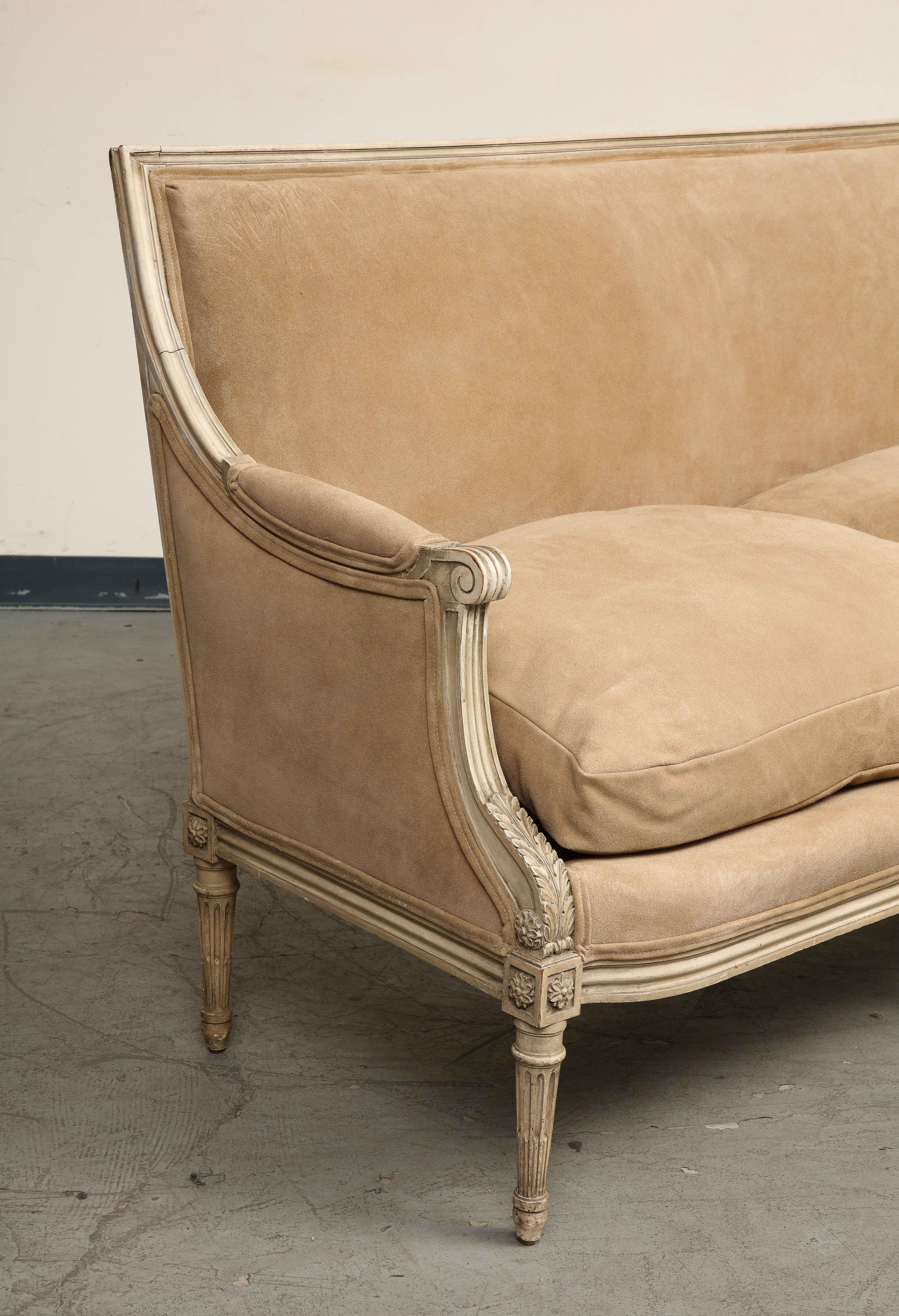 French Louis XVI Style Painted Settee with New Suede Upholstery, circa 1930 For Sale 7