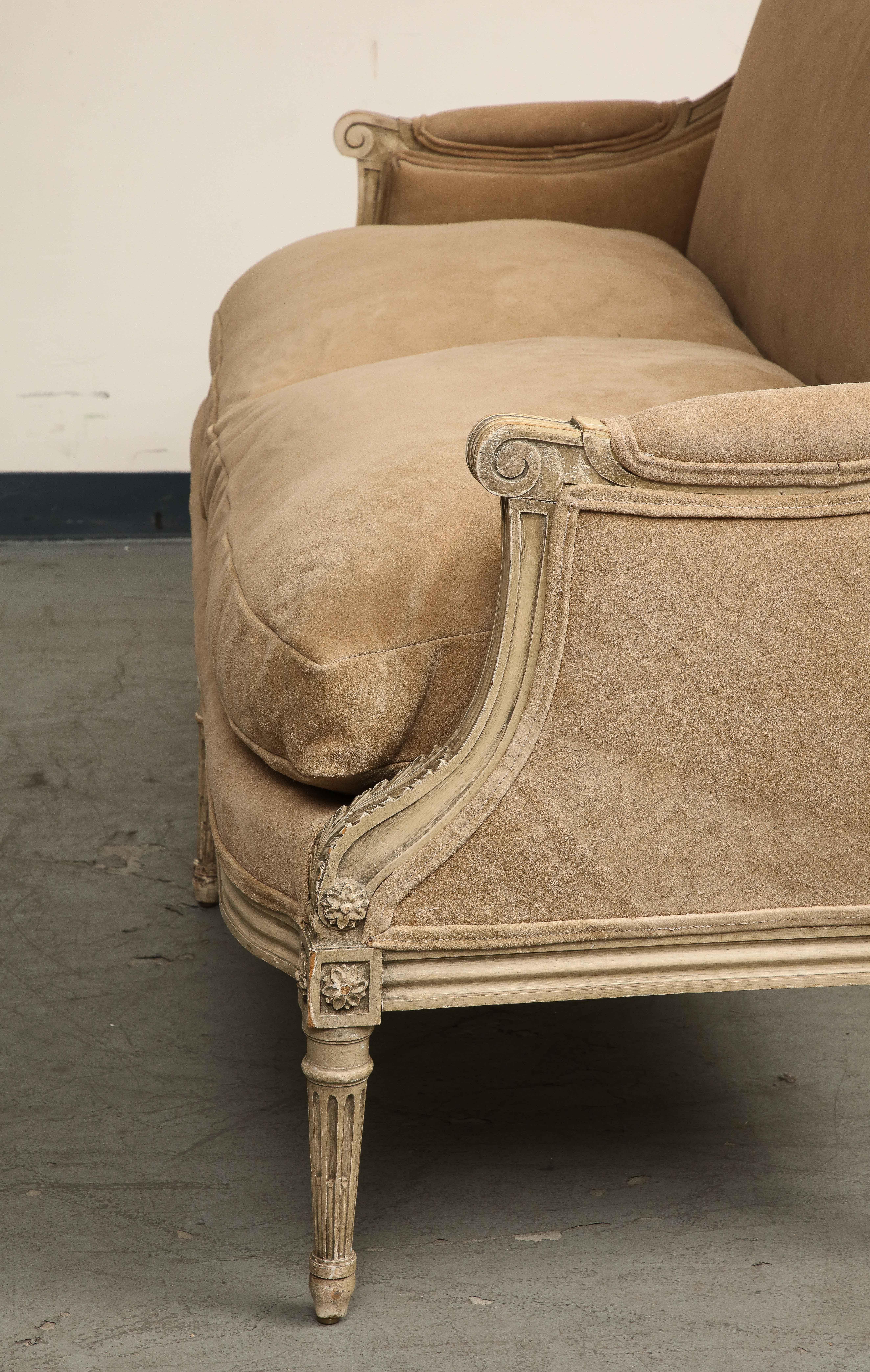 French Louis XVI Style Painted Settee with New Suede Upholstery, circa 1930 For Sale 8