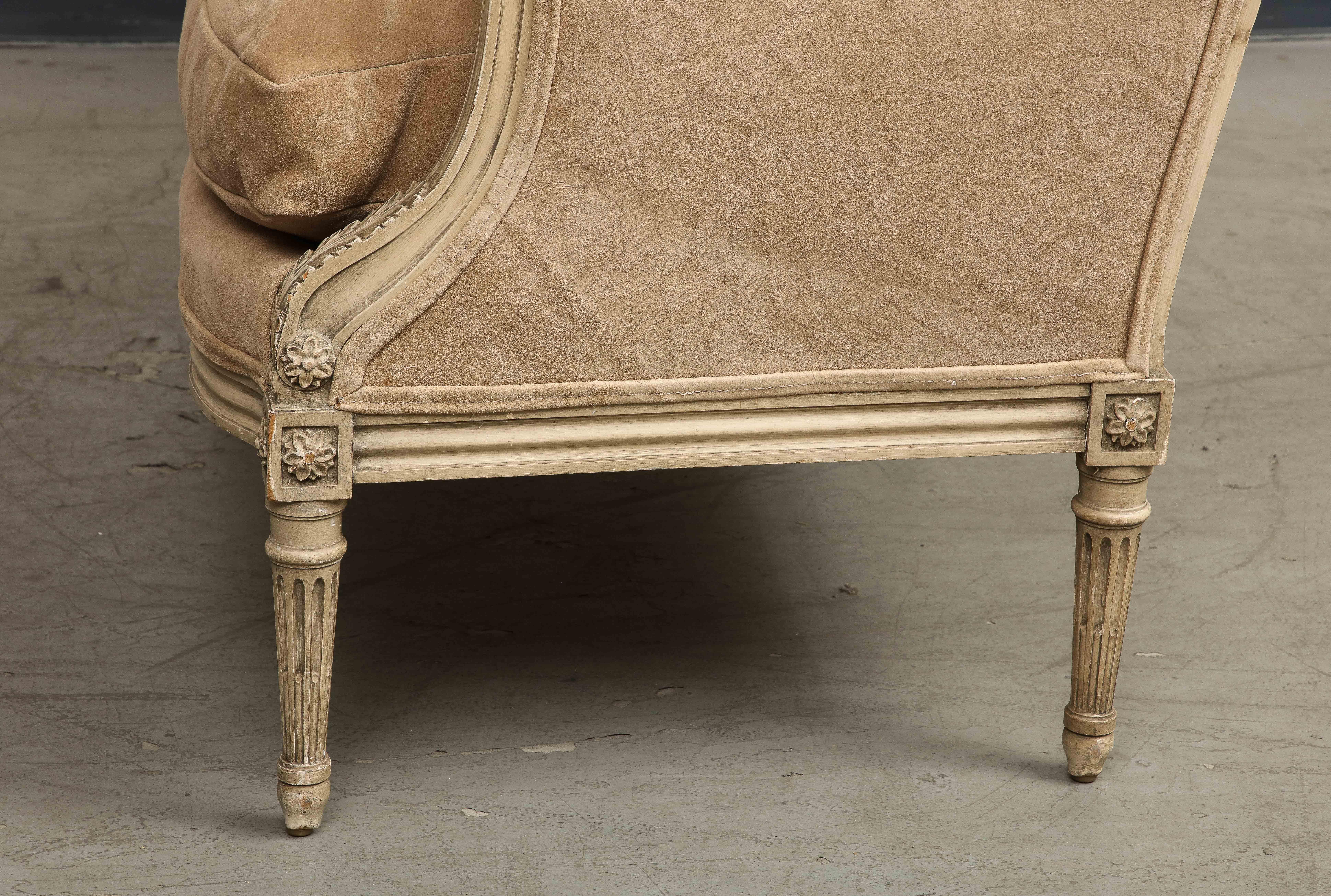 French Louis XVI Style Painted Settee with New Suede Upholstery, circa 1930 For Sale 12