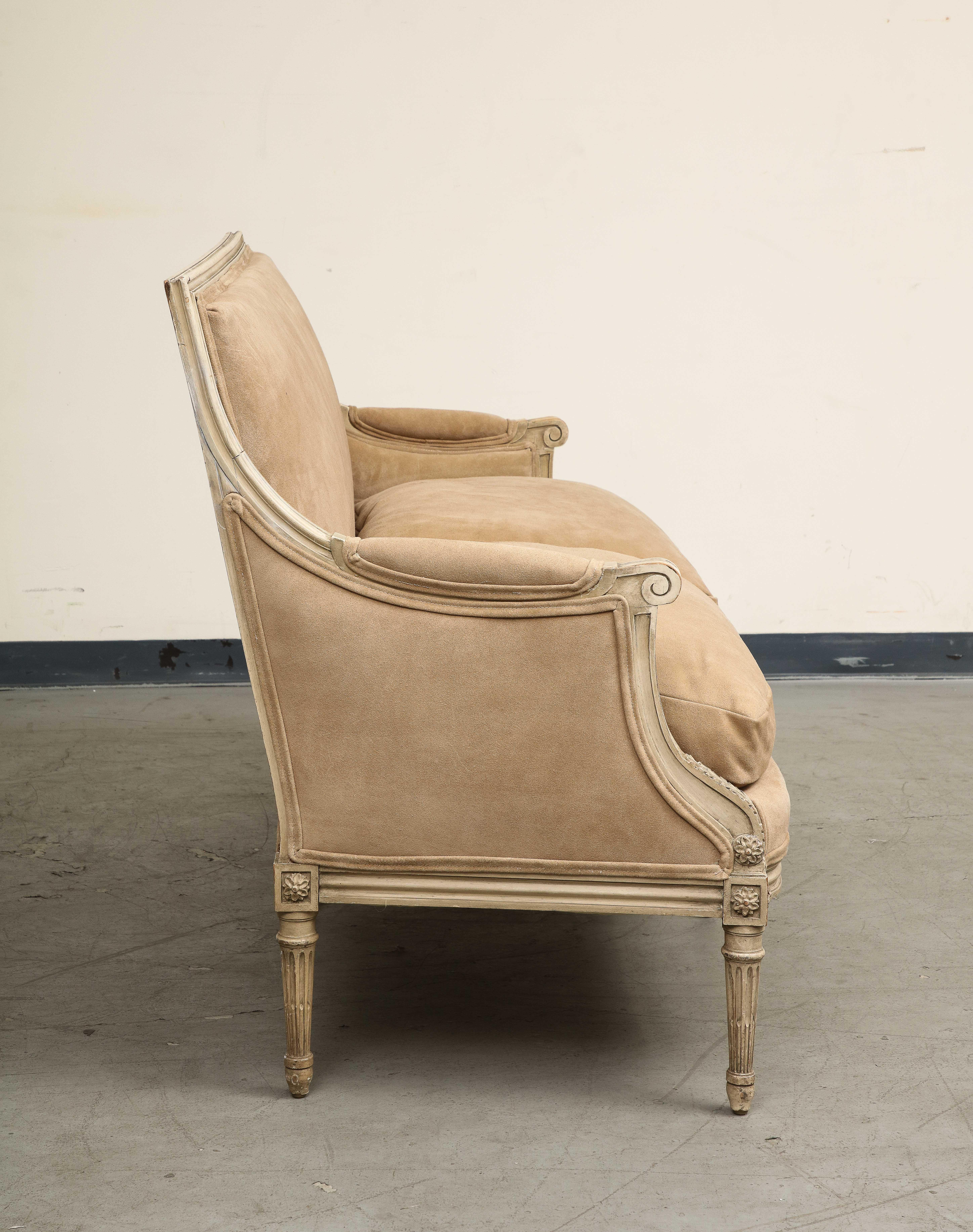 Mid-20th Century French Louis XVI Style Painted Settee with New Suede Upholstery, circa 1930 For Sale