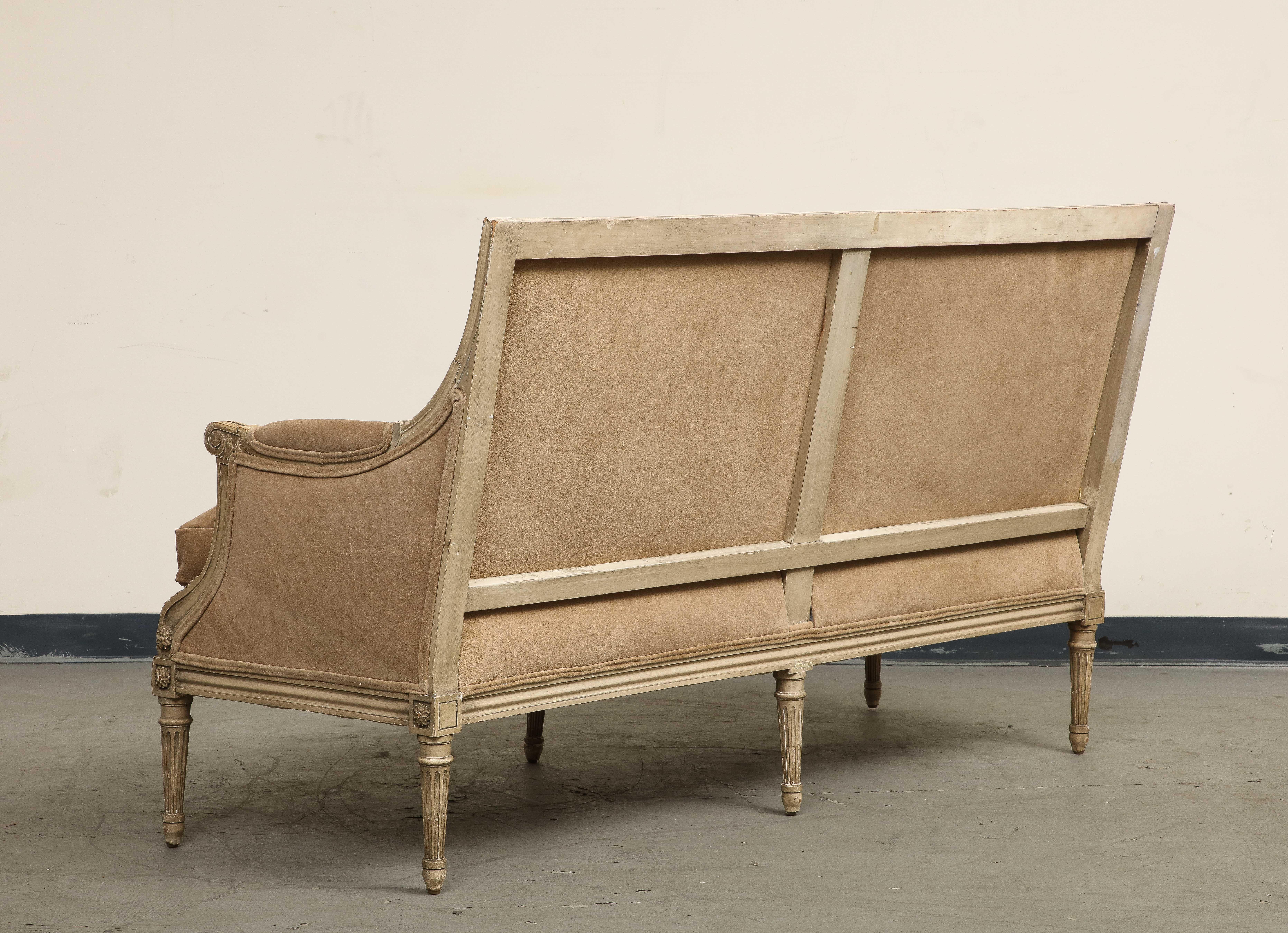 French Louis XVI Style Painted Settee with New Suede Upholstery, circa 1930 For Sale 2