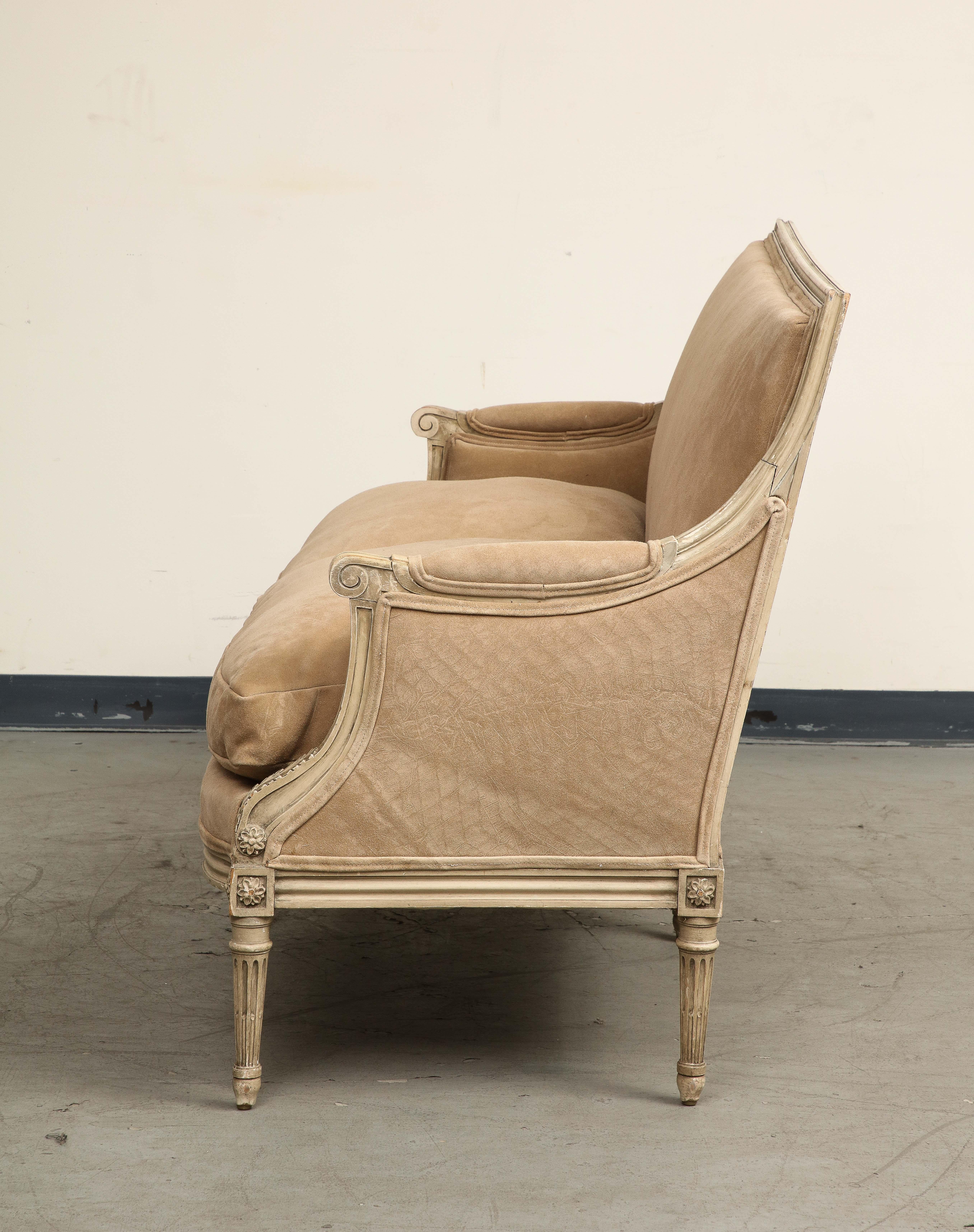 French Louis XVI Style Painted Settee with New Suede Upholstery, circa 1930 For Sale 3
