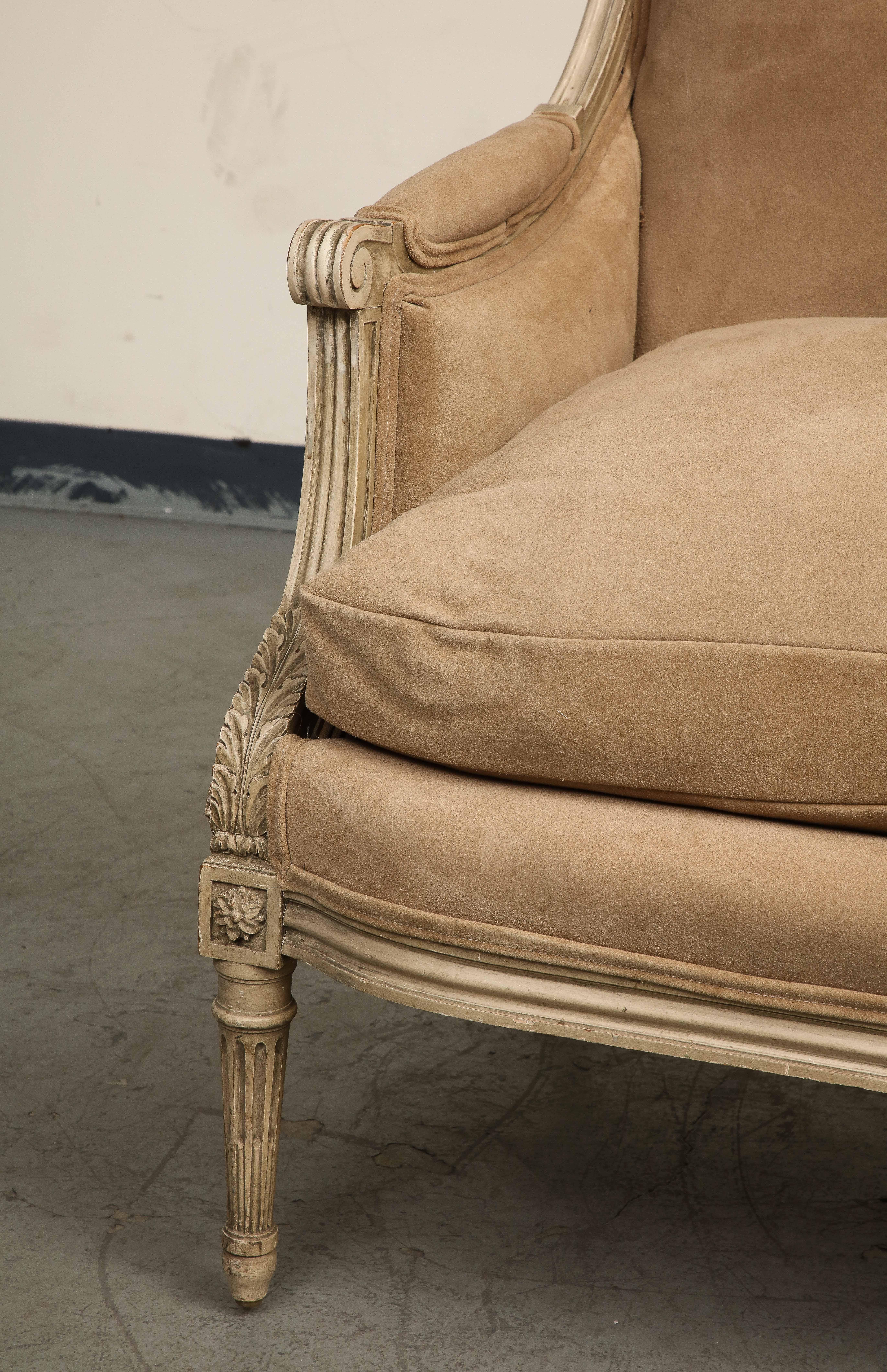 French Louis XVI Style Painted Settee with New Suede Upholstery, circa 1930 For Sale 4