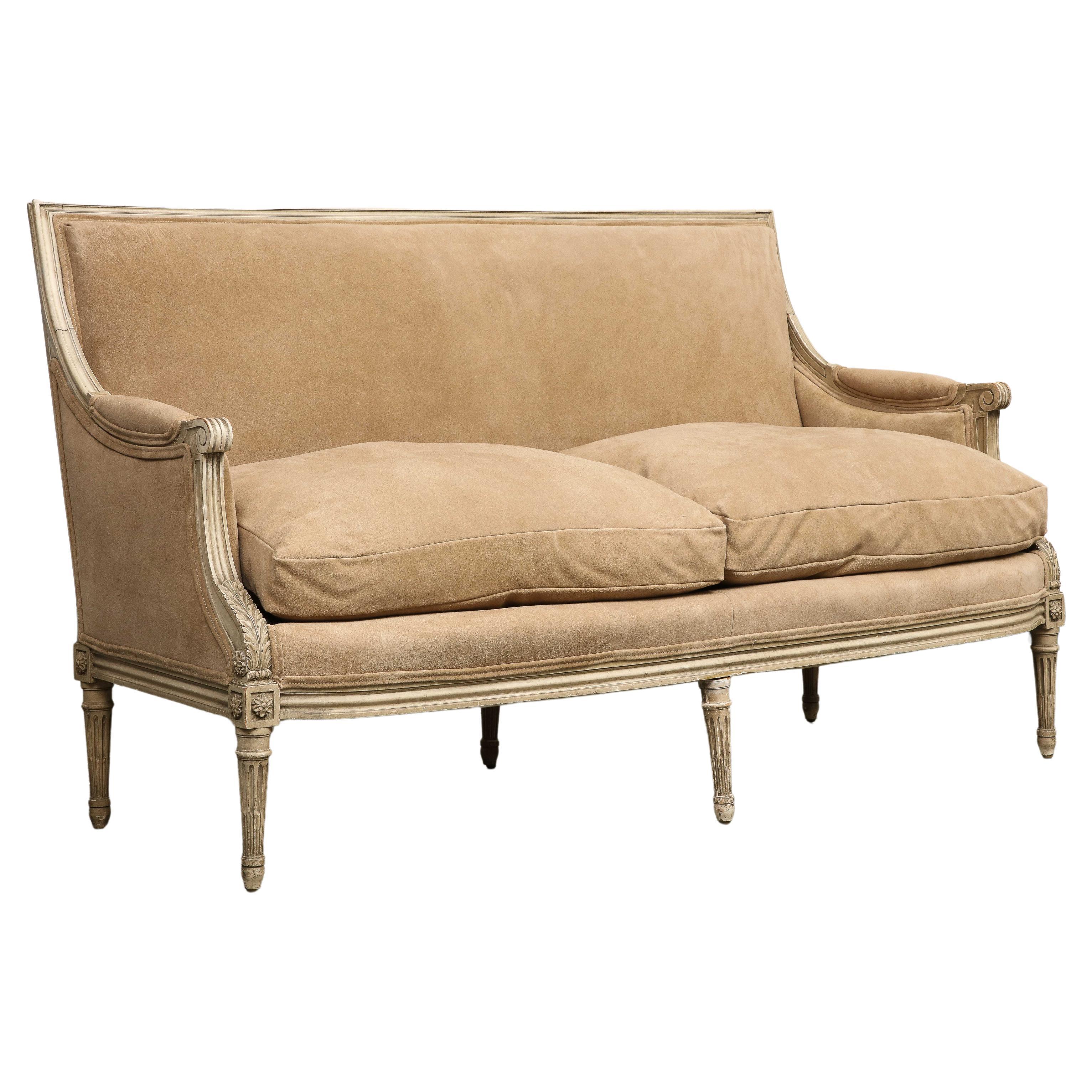 French Louis XVI Style Painted Settee with New Suede Upholstery, circa 1930 For Sale