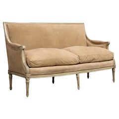 Used French Louis XVI Style Painted Settee with New Suede Upholstery, circa 1930