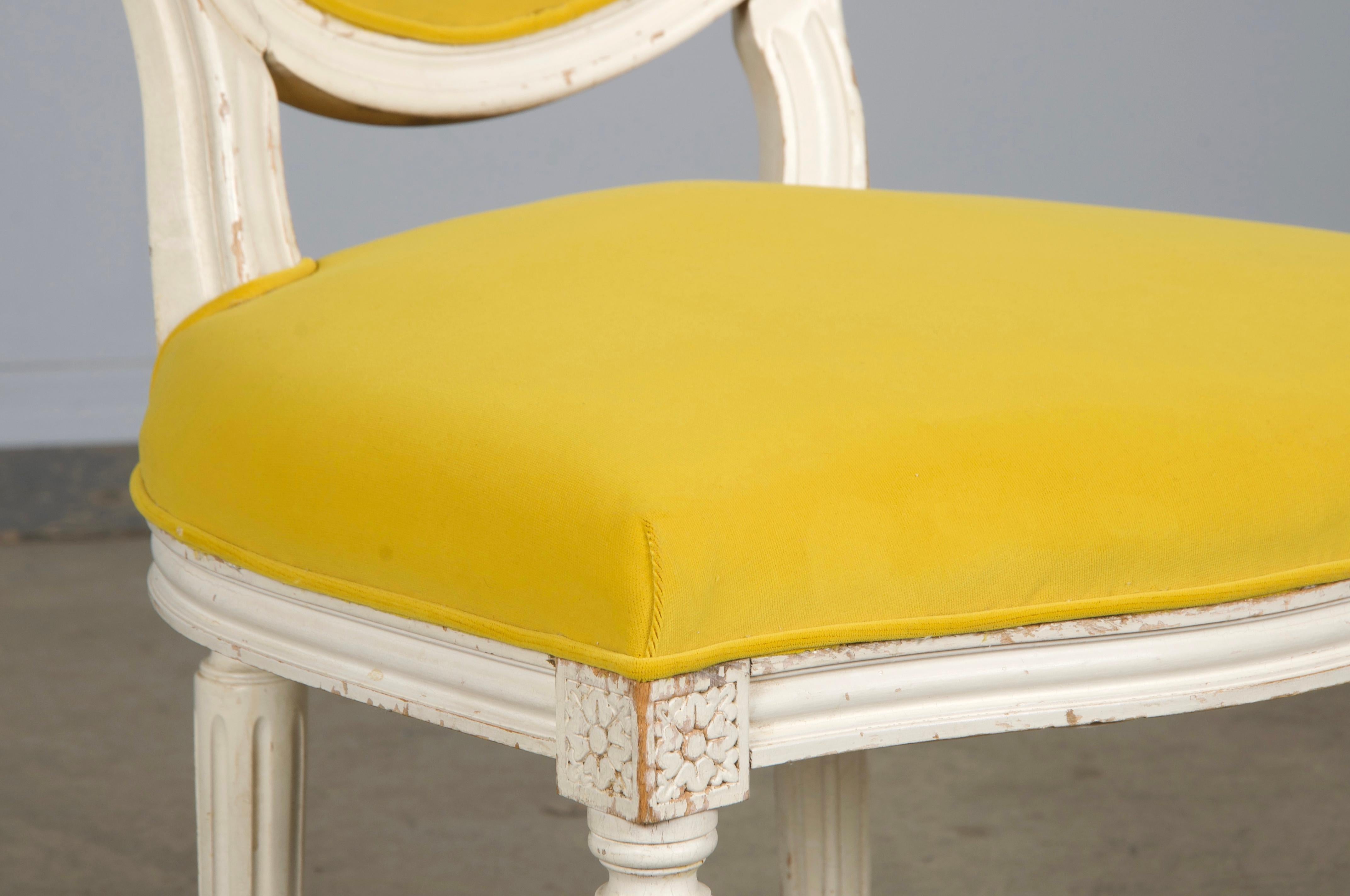 French Louis XVI Style Painted Side Chairs in Lemon Velvet - A Pair For Sale 5