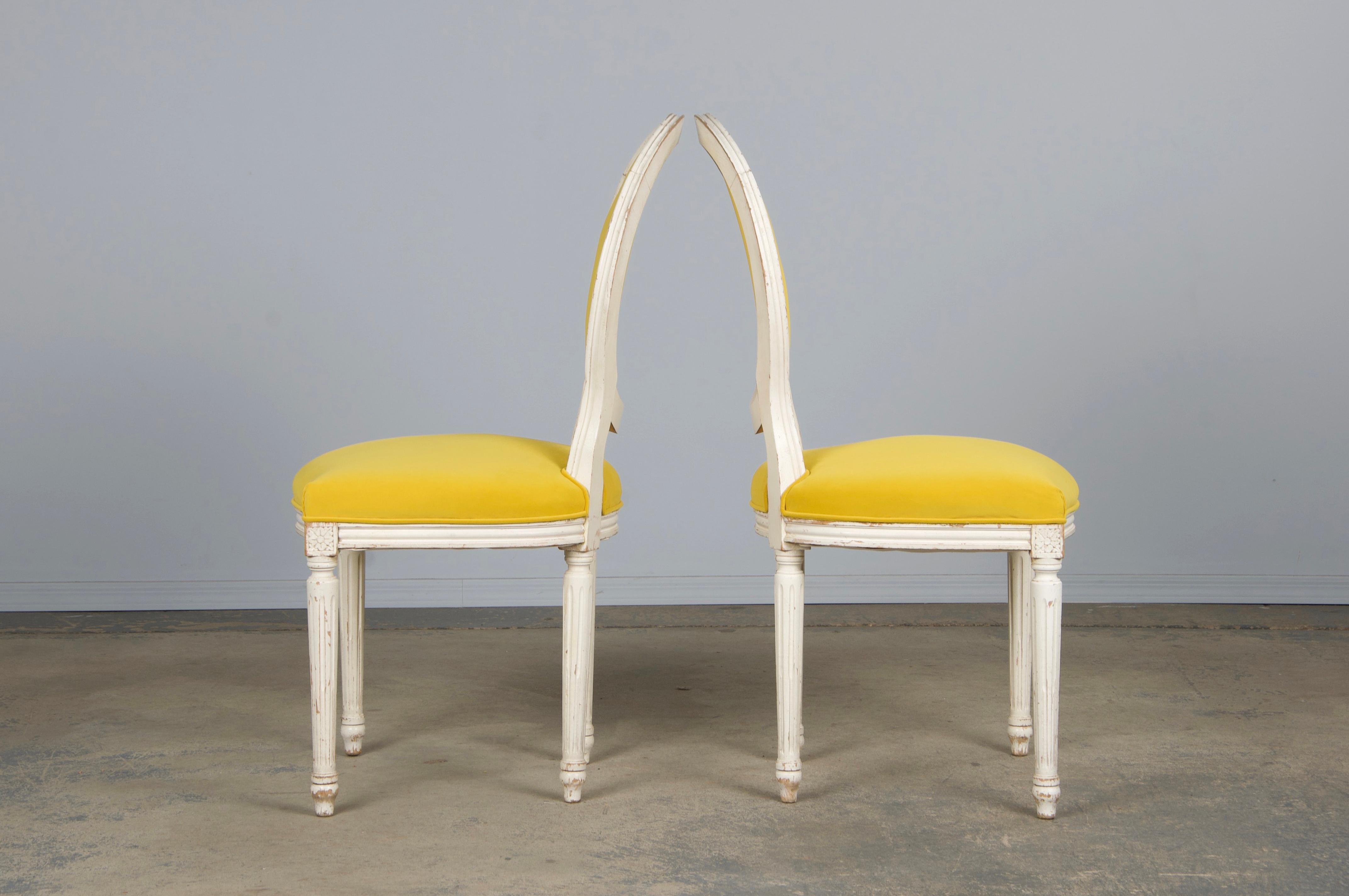 French Louis XVI Style Painted Side Chairs in Lemon Velvet - A Pair For Sale 7