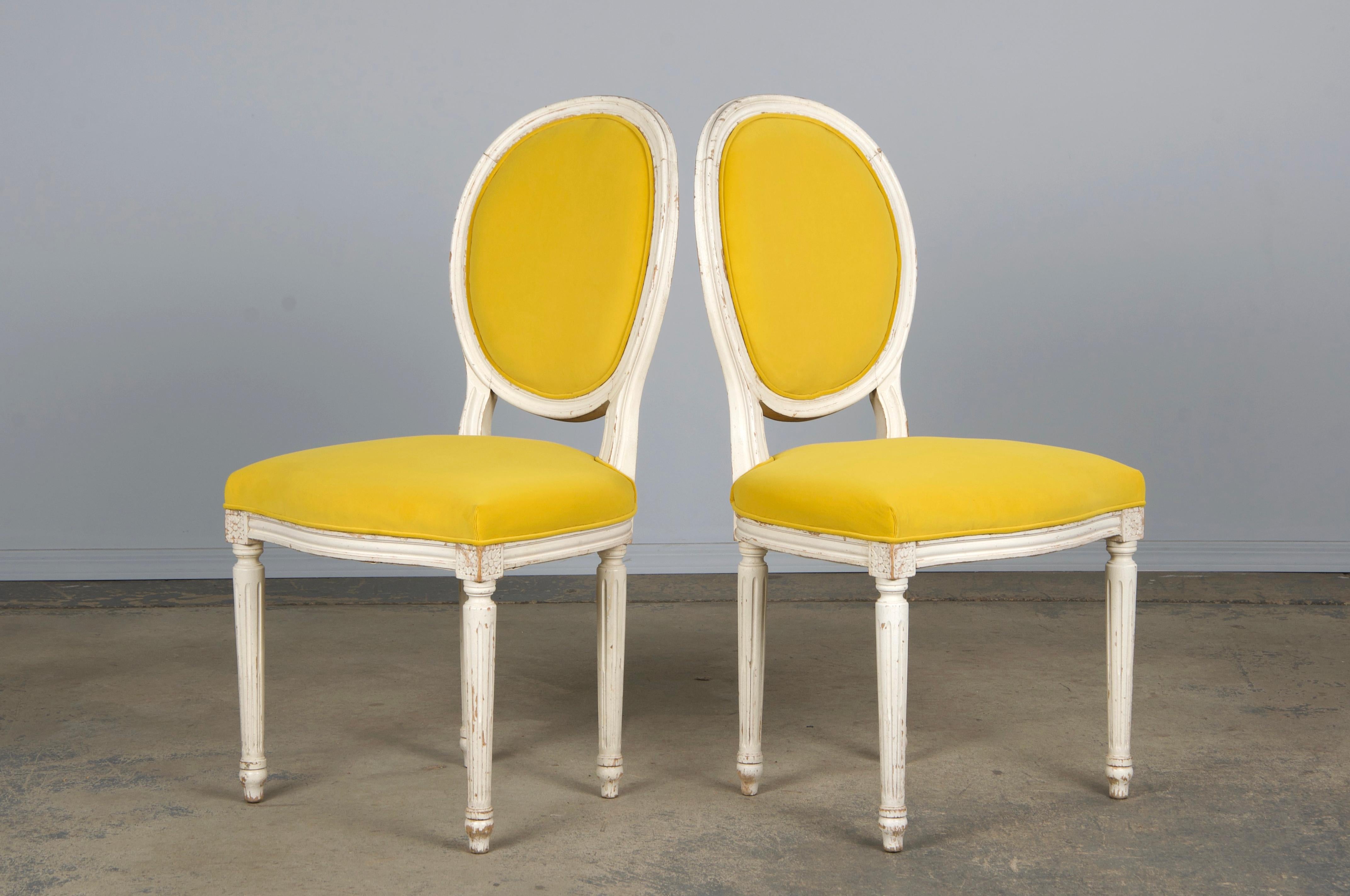French Louis XVI Style Painted Side Chairs in Lemon Velvet - A Pair For Sale 8