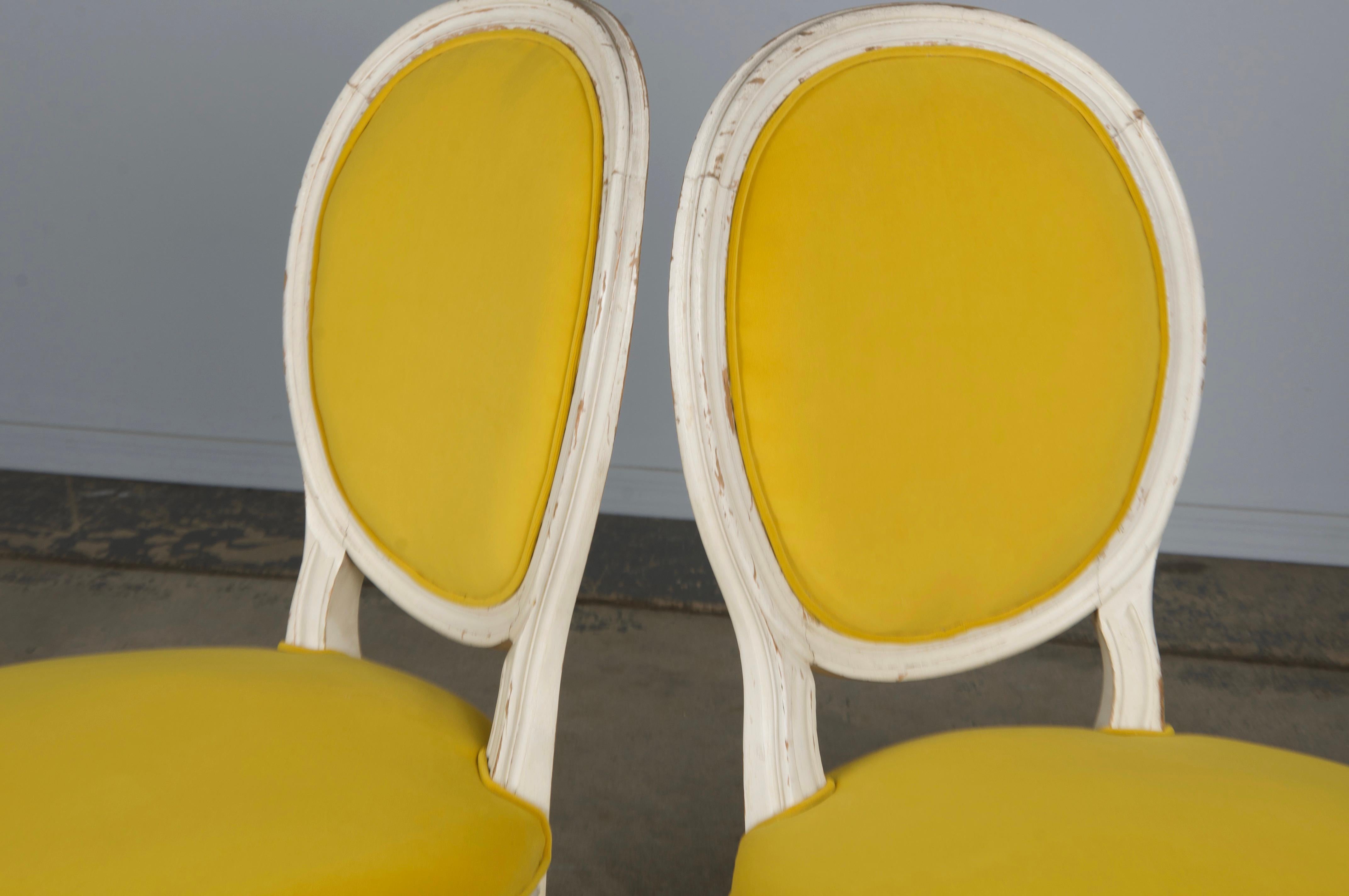 French Louis XVI Style Painted Side Chairs in Lemon Velvet - A Pair For Sale 9