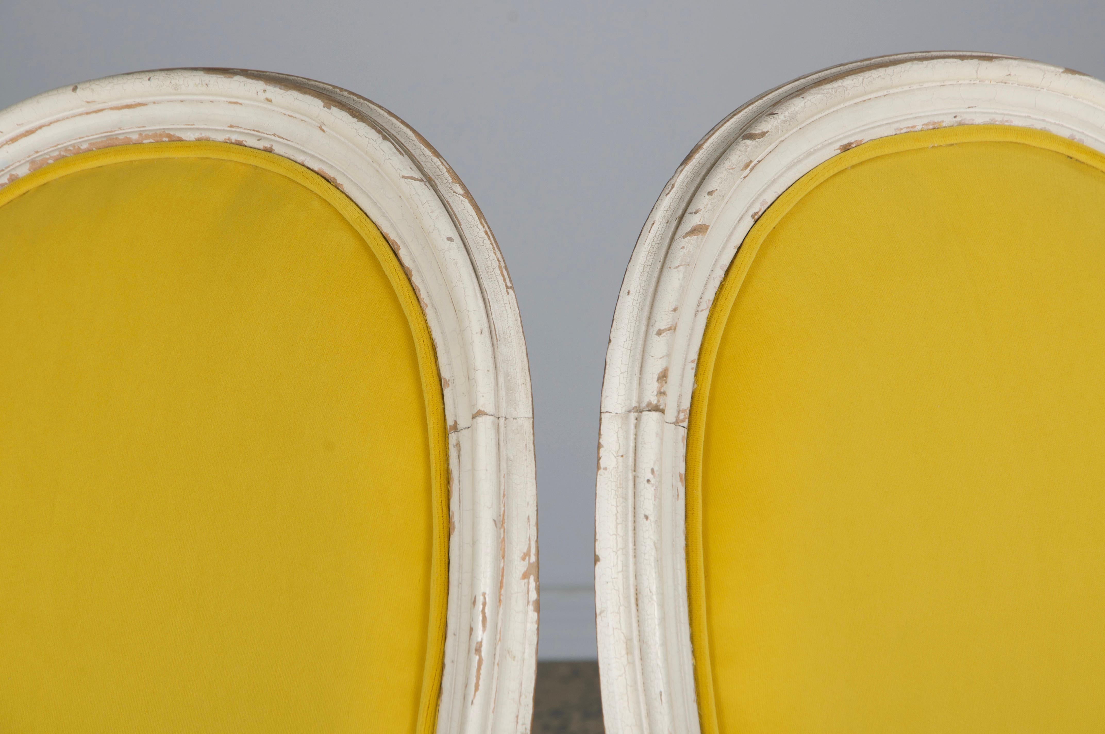 French Louis XVI Style Painted Side Chairs in Lemon Velvet - A Pair For Sale 10