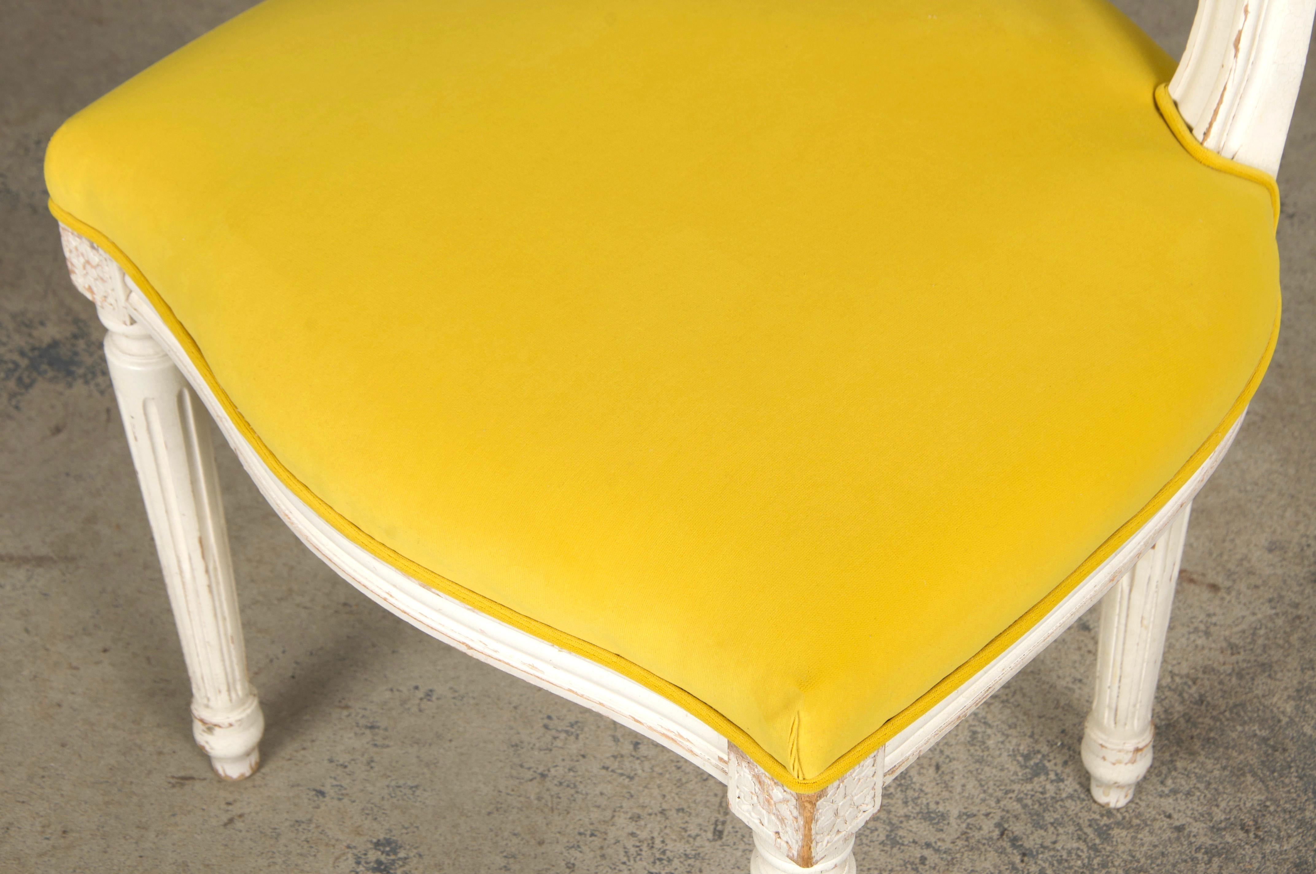 French Louis XVI Style Painted Side Chairs in Lemon Velvet - A Pair For Sale 11