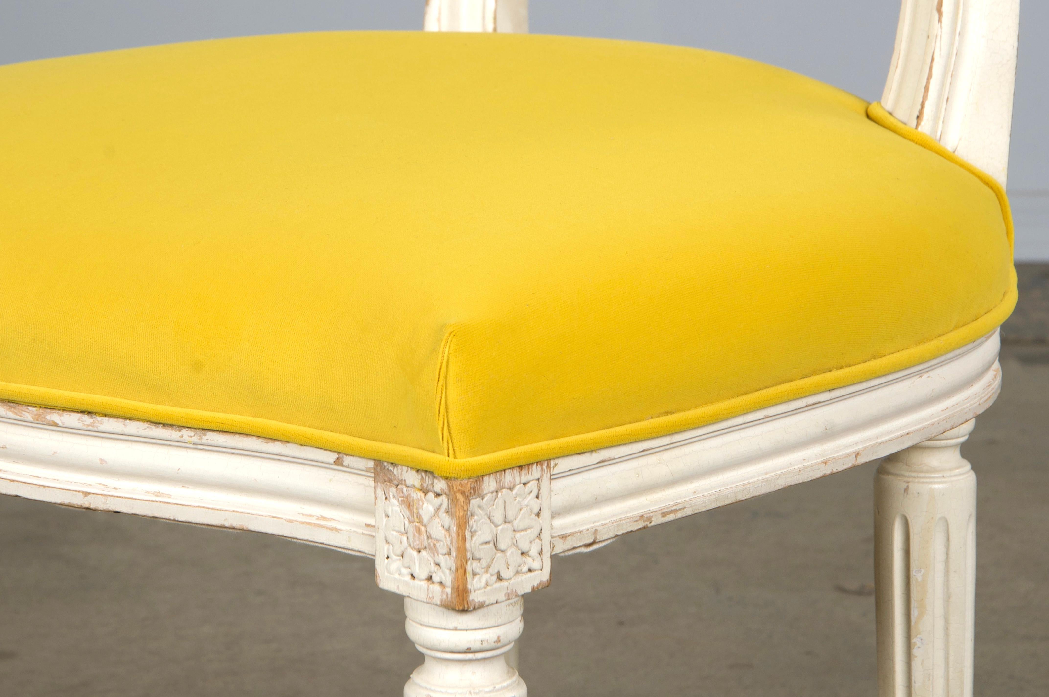 French Louis XVI Style Painted Side Chairs in Lemon Velvet - A Pair For Sale 12
