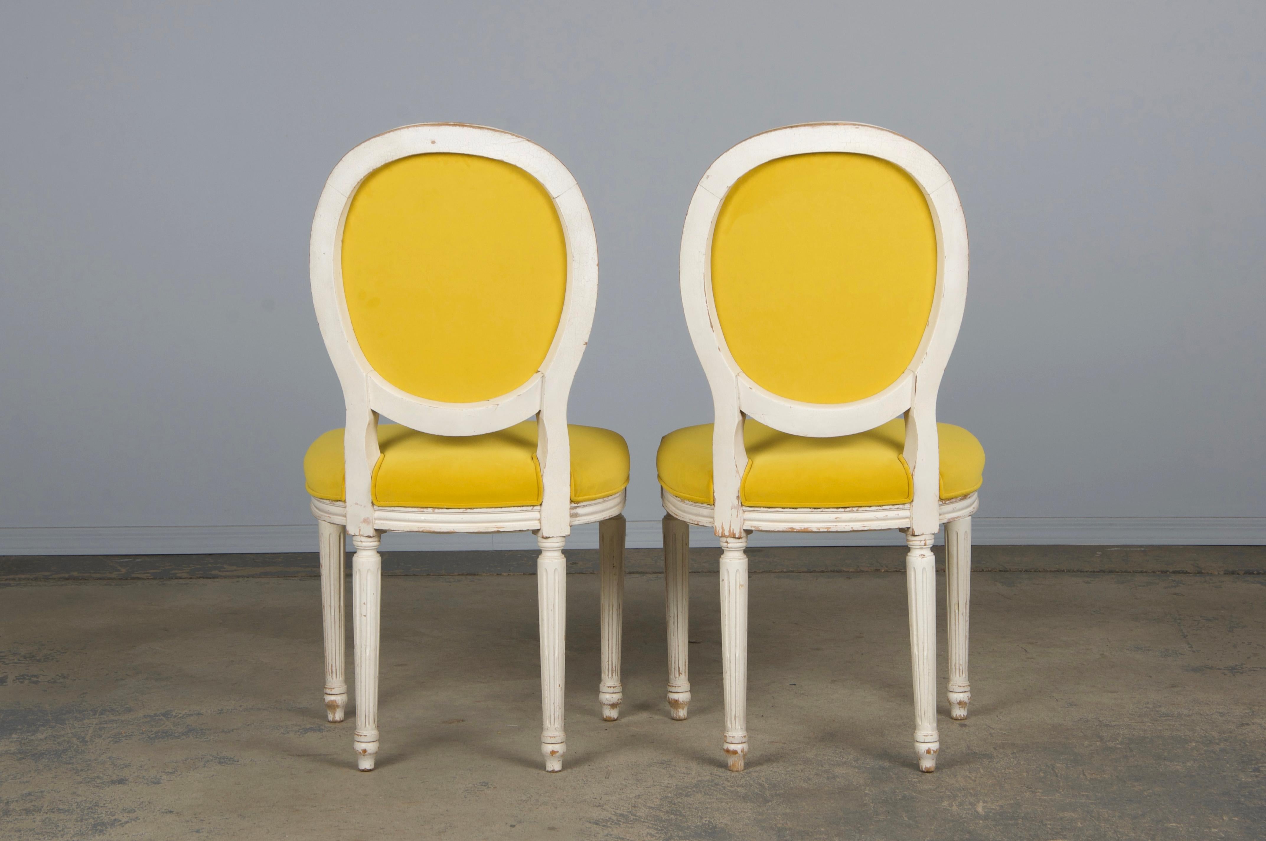 French Louis XVI Style Painted Side Chairs in Lemon Velvet - A Pair For Sale 13